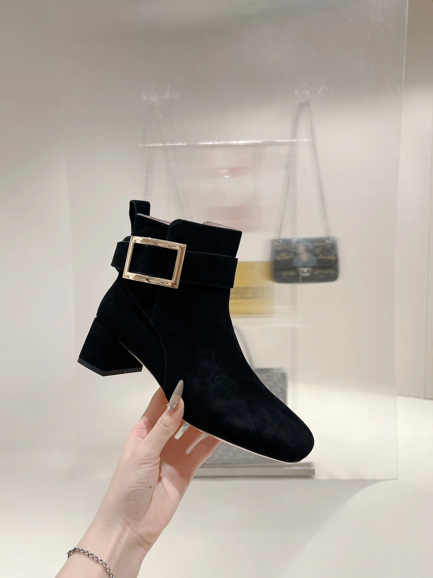 Ботильоны с квадратным носком и пряжкой - 2024 - Замшевые кожаные ботильоны - Черные