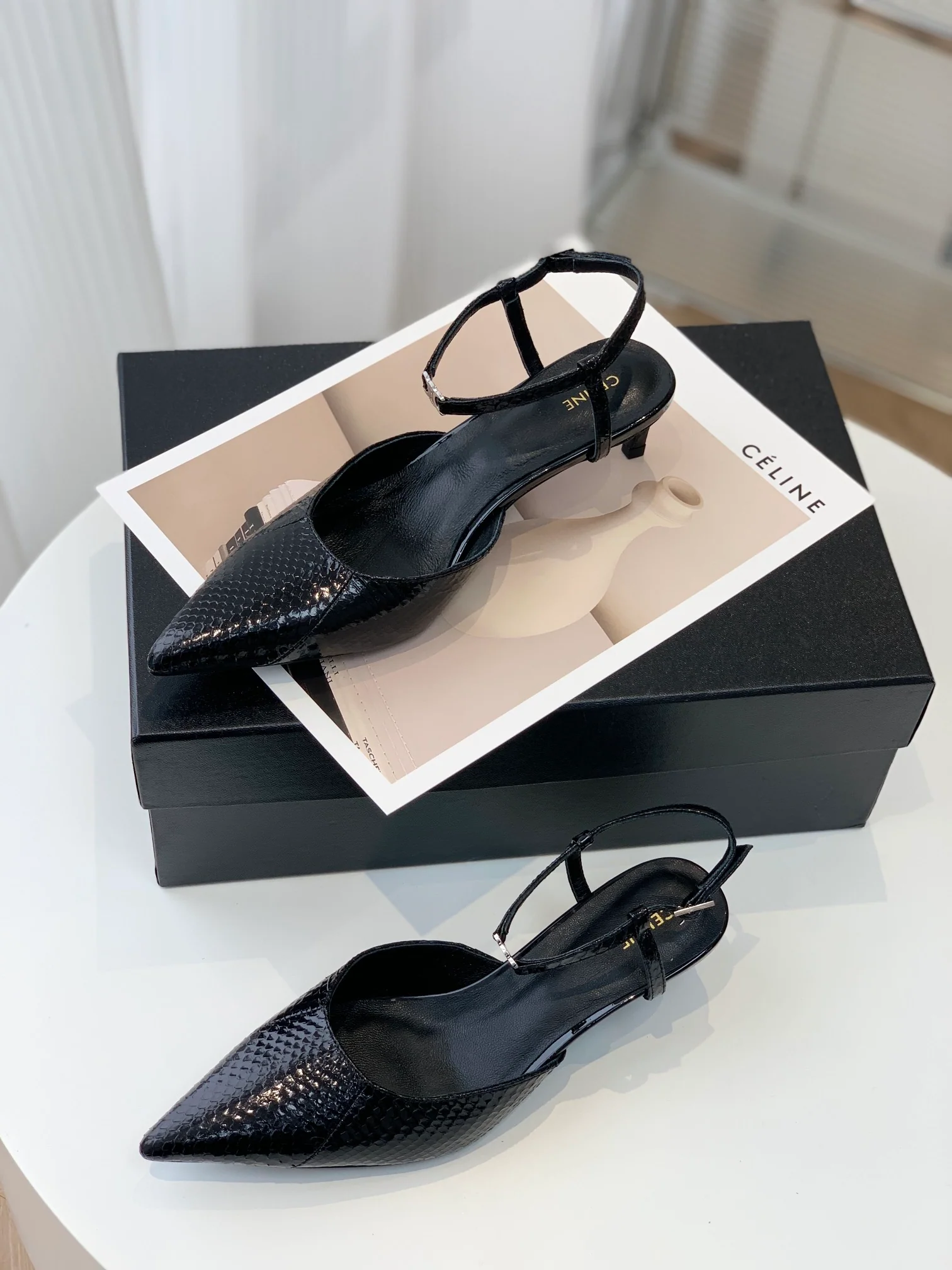 Новинка сезона весна/лето 2023 от Celine - Босоножки на низком каблуке с острым носком - Черные