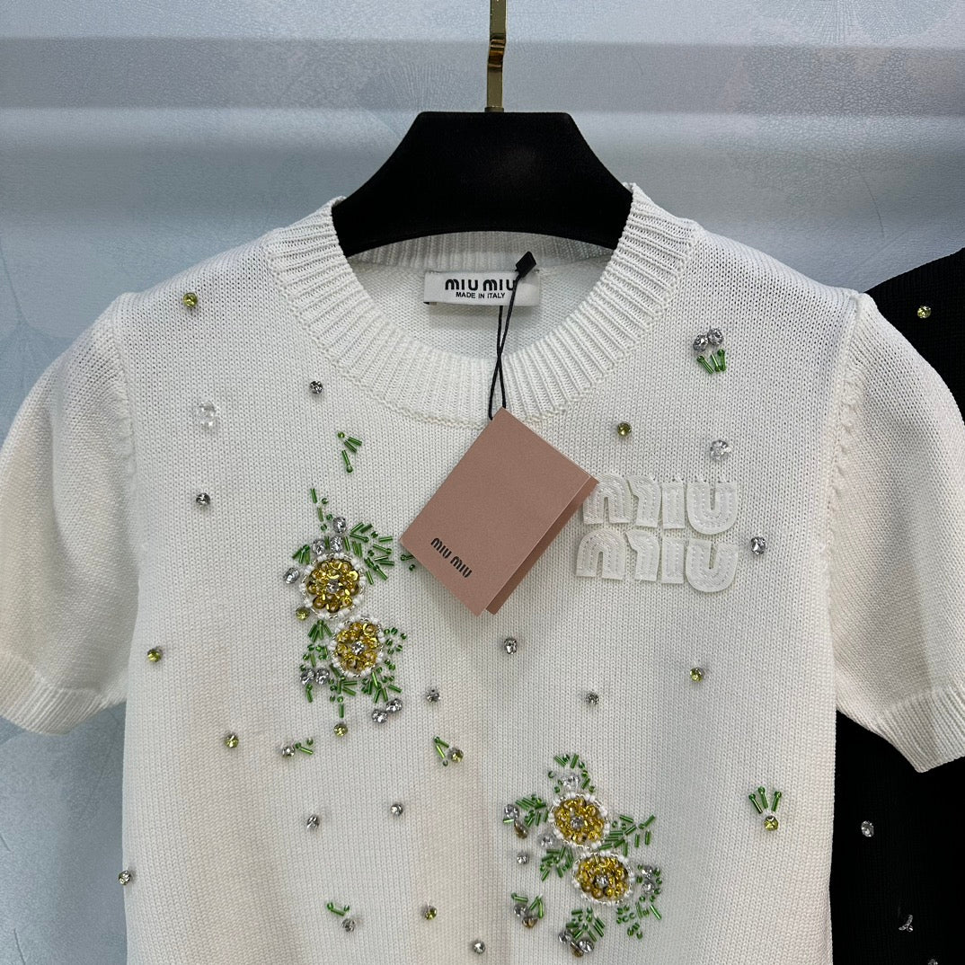 Miu Miu-2404 - Летняя новая толстая вязаная блузка с бисером