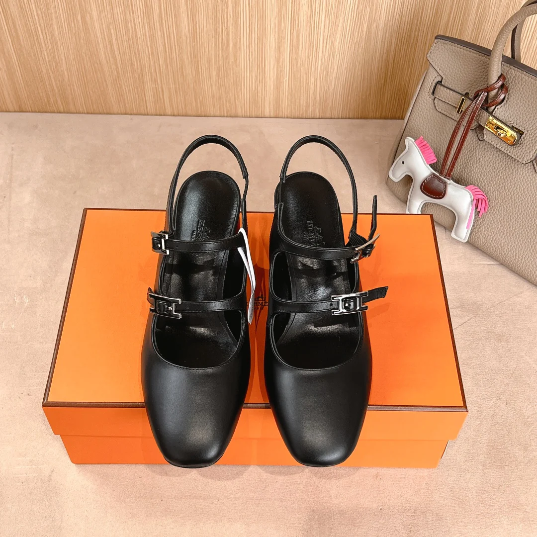 Балетные туфли на высоком каблуке Hermes 2024 - черные