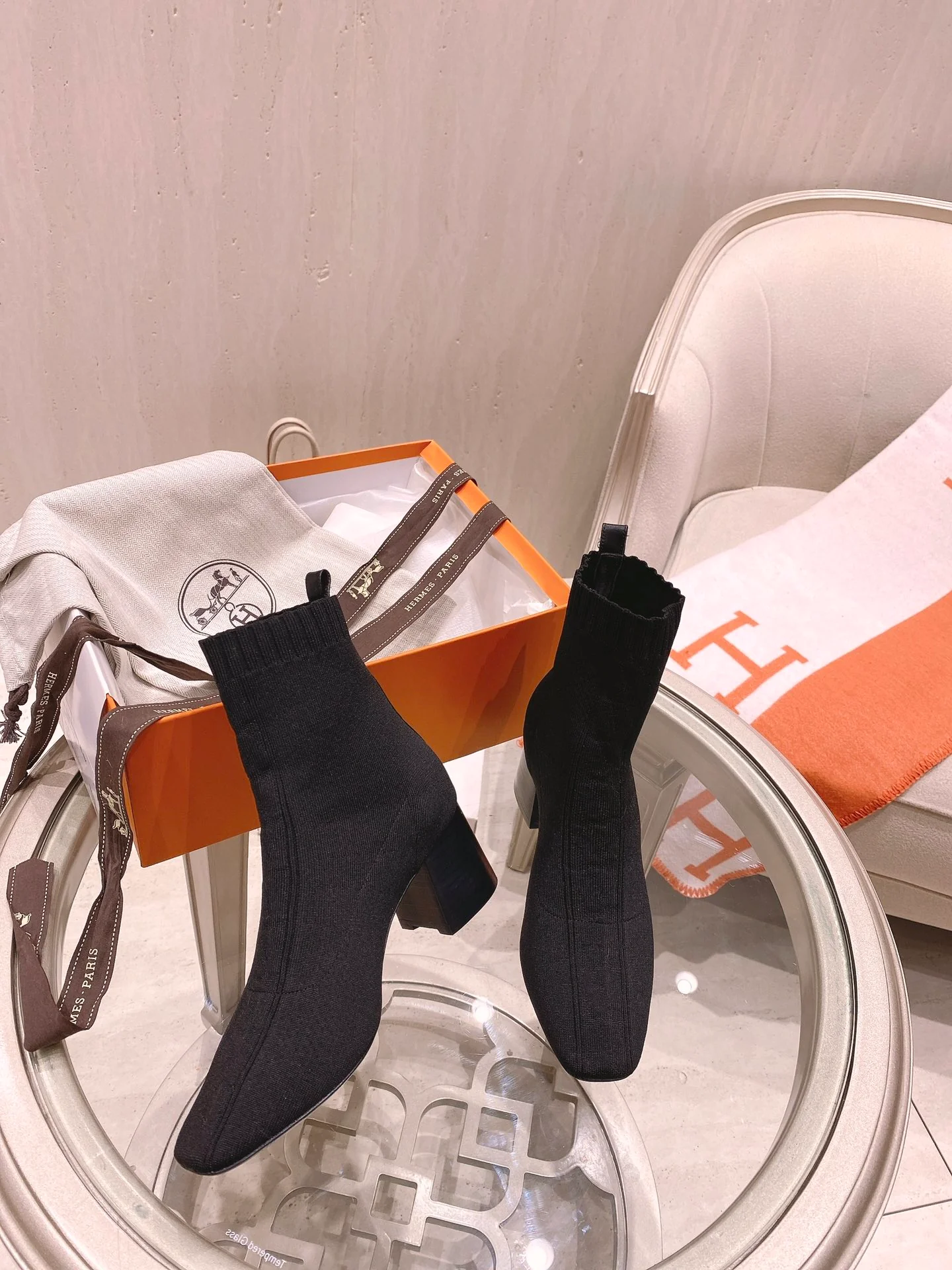 Ботинки-носки Hermes на толстом каблуке - черные