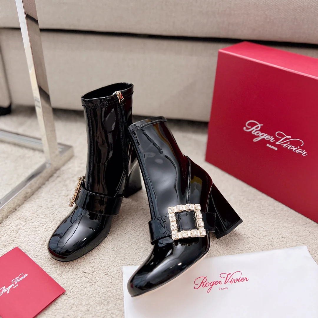 Обувь RV - Tres Vivier - Ботильоны на массивном эластичном каблуке - Черная лакированная кожа