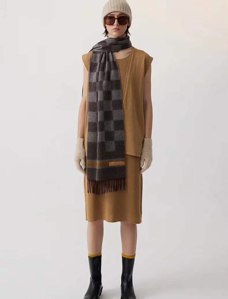 Двусторонний шарф LV Damier - 30 см (190 см) - с кисточками - 100% кашемир - коричневый