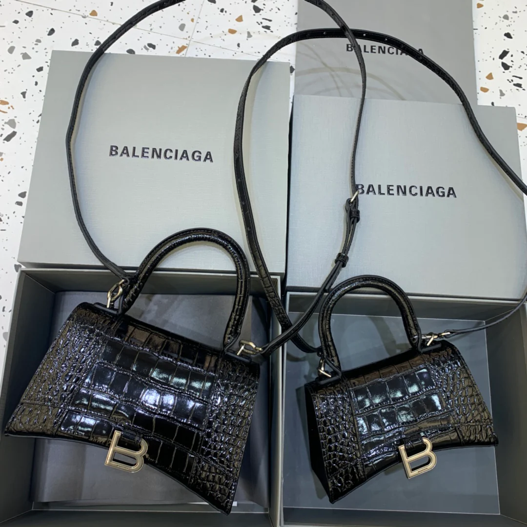 Сумка Balenciaga Hourglass - Черная с крокодиловым рисунком - Серебряная фурнитура