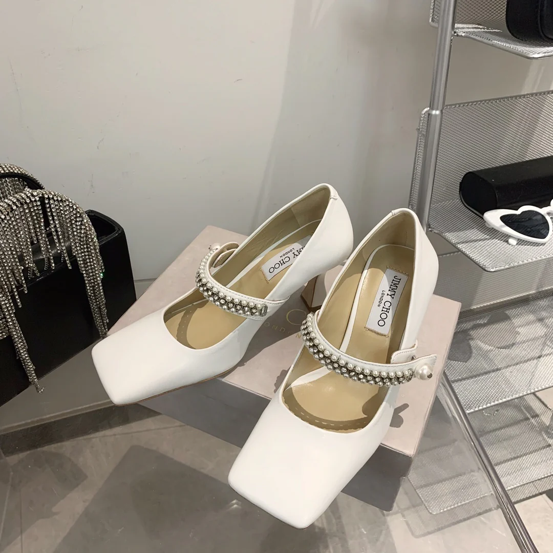 Туфли на высоком каблуке Jimmy с квадратным носком и пряжкой из жемчужной цепочки - 1