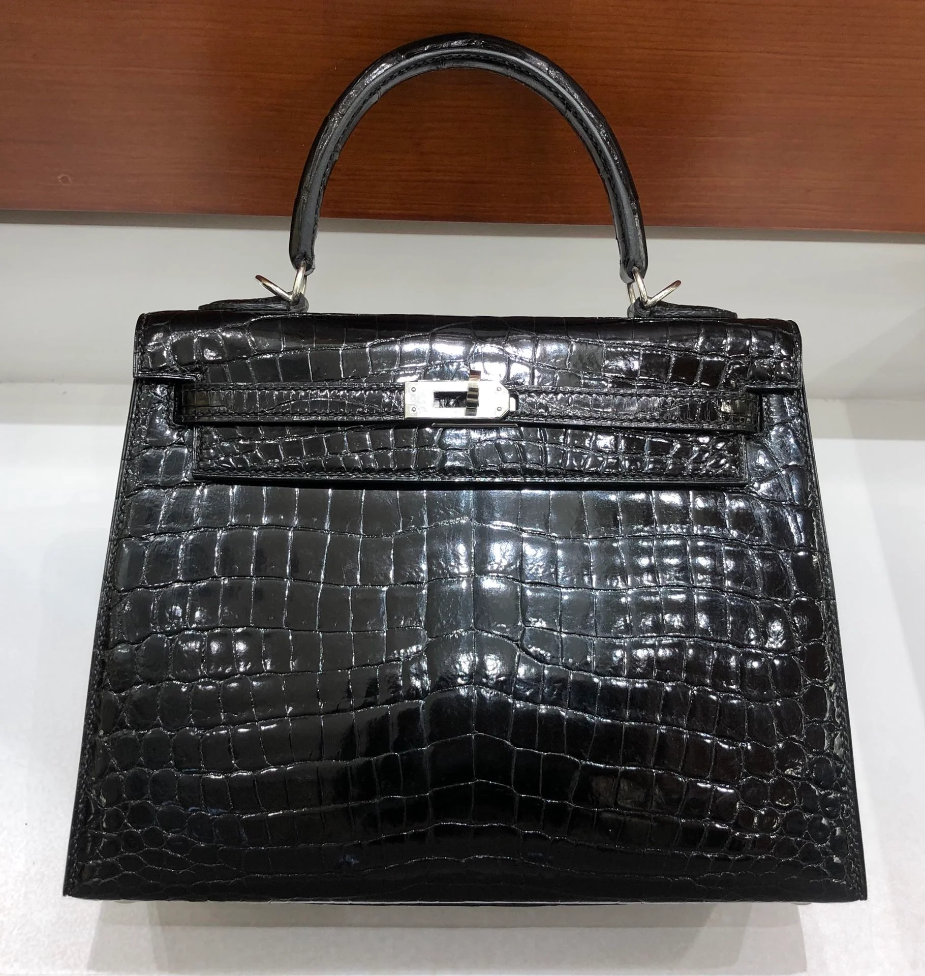 Hermes-Birkin-25-American Alligator-Spotted Dove Grey-Silver Buckle
