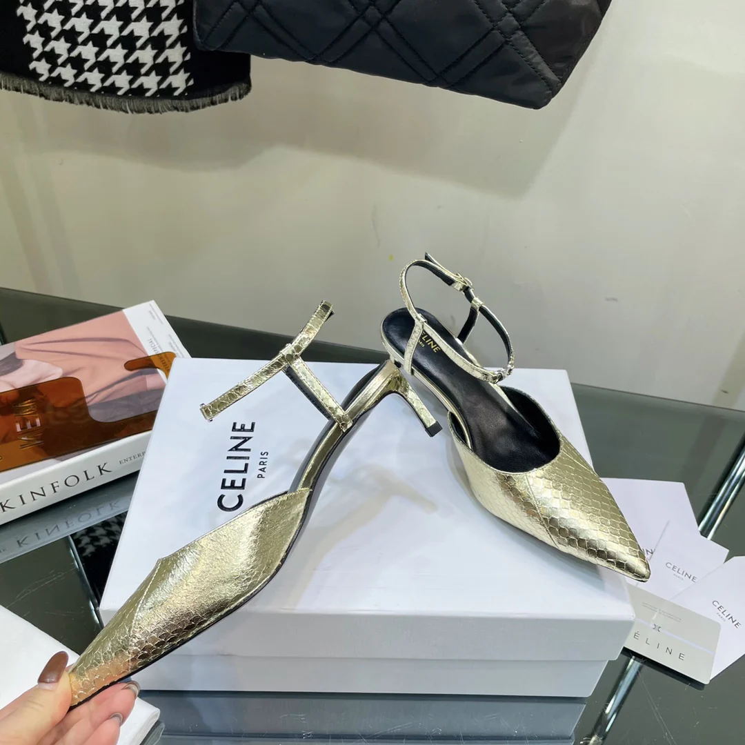 Новинка сезона весна/лето 2023 от Celine — сандалии на низком каблуке с острым носком.