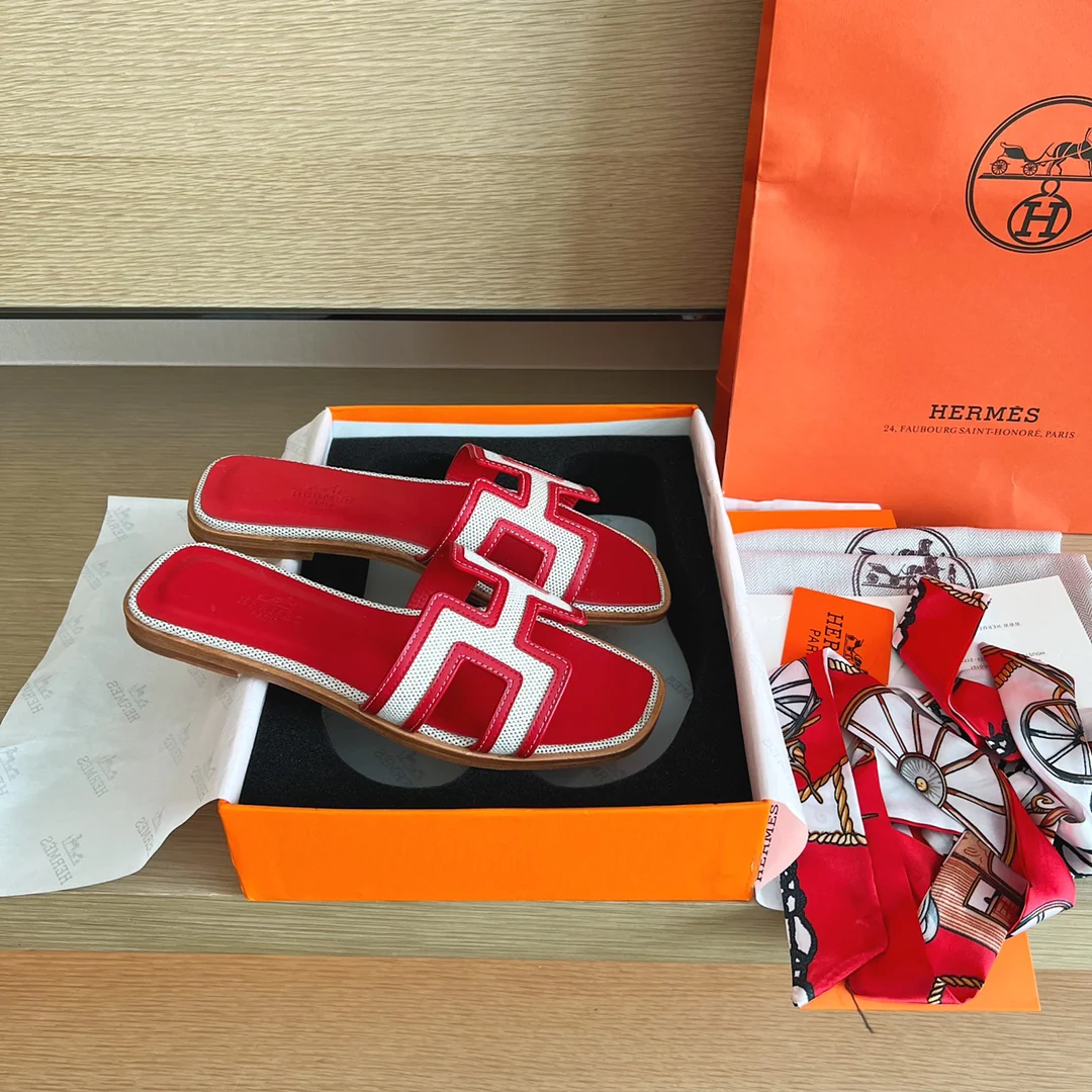 Классические домашние тапочки Hermes с буквой H - верх из парусины и кожи - красные