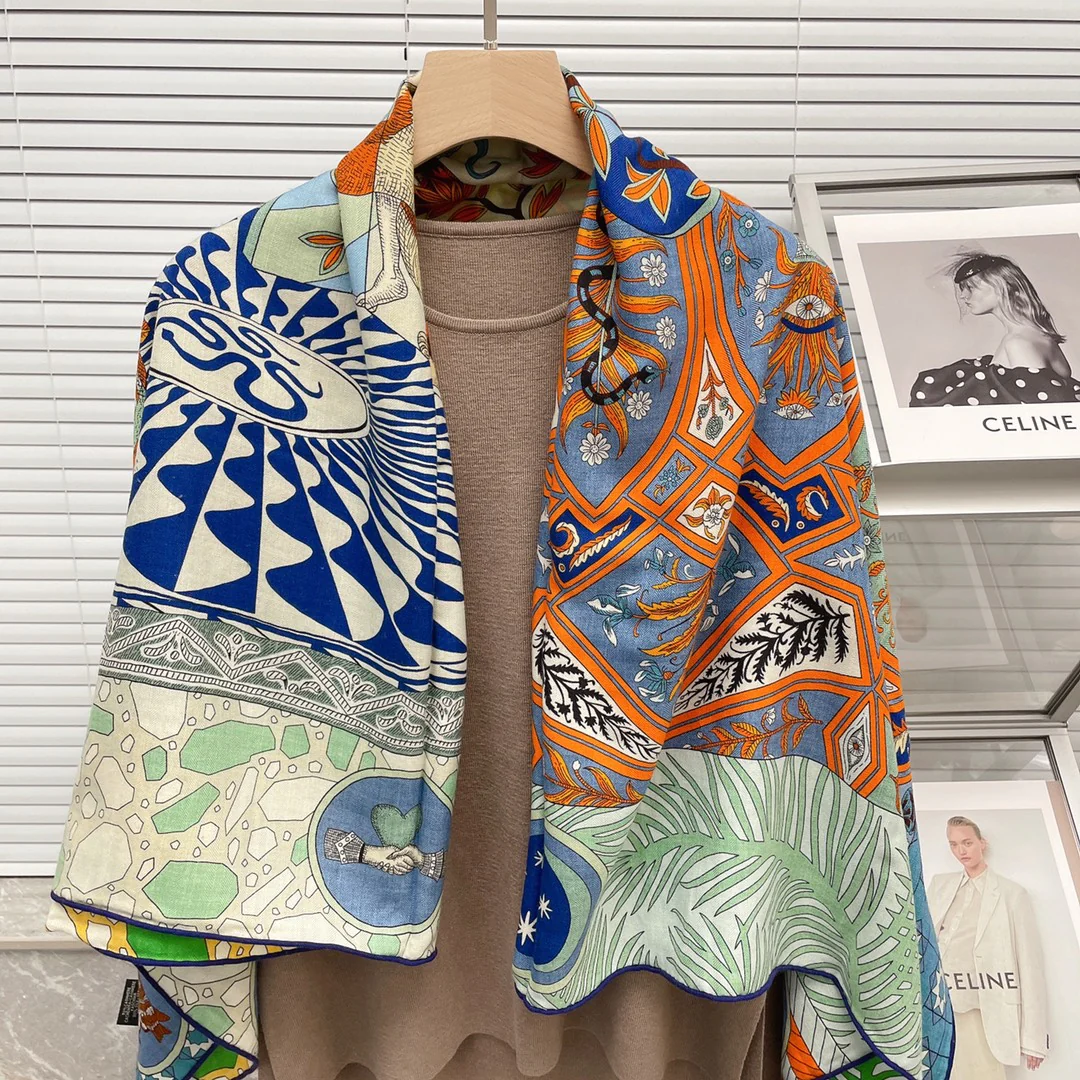 Большой двусторонний шарф Hermes - 140 см - 30 - Шелк 70 - Шерсть - 2