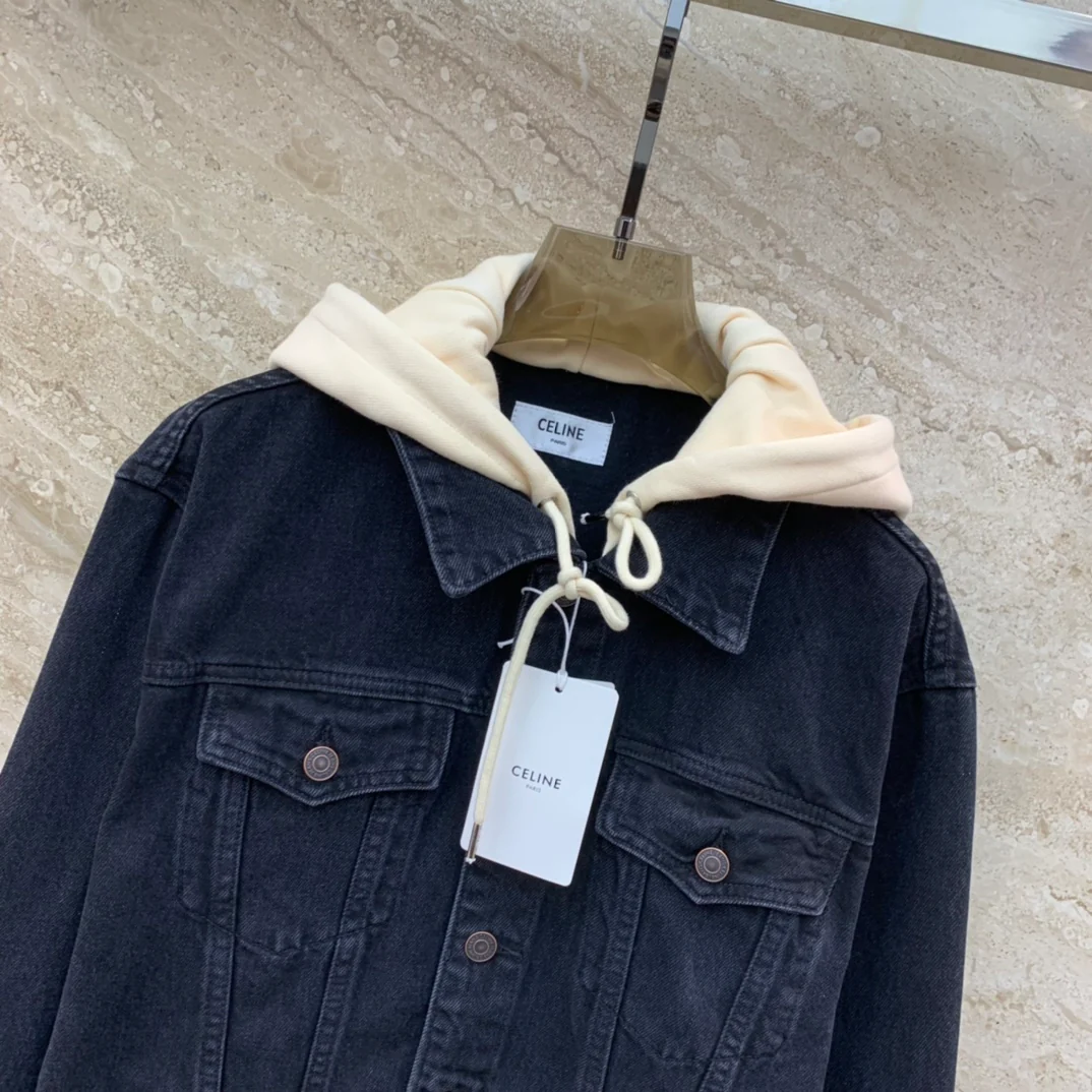 Джинсовая куртка Celine 2403 с капюшоном и надписью 