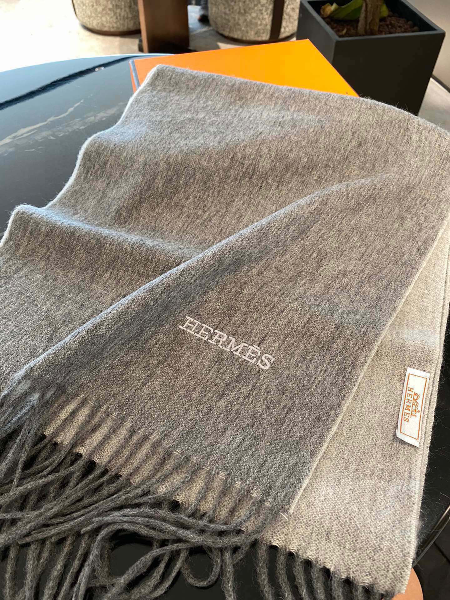 Двусторонняя кашемировая шаль/шарф Hermes - 210 см - серый