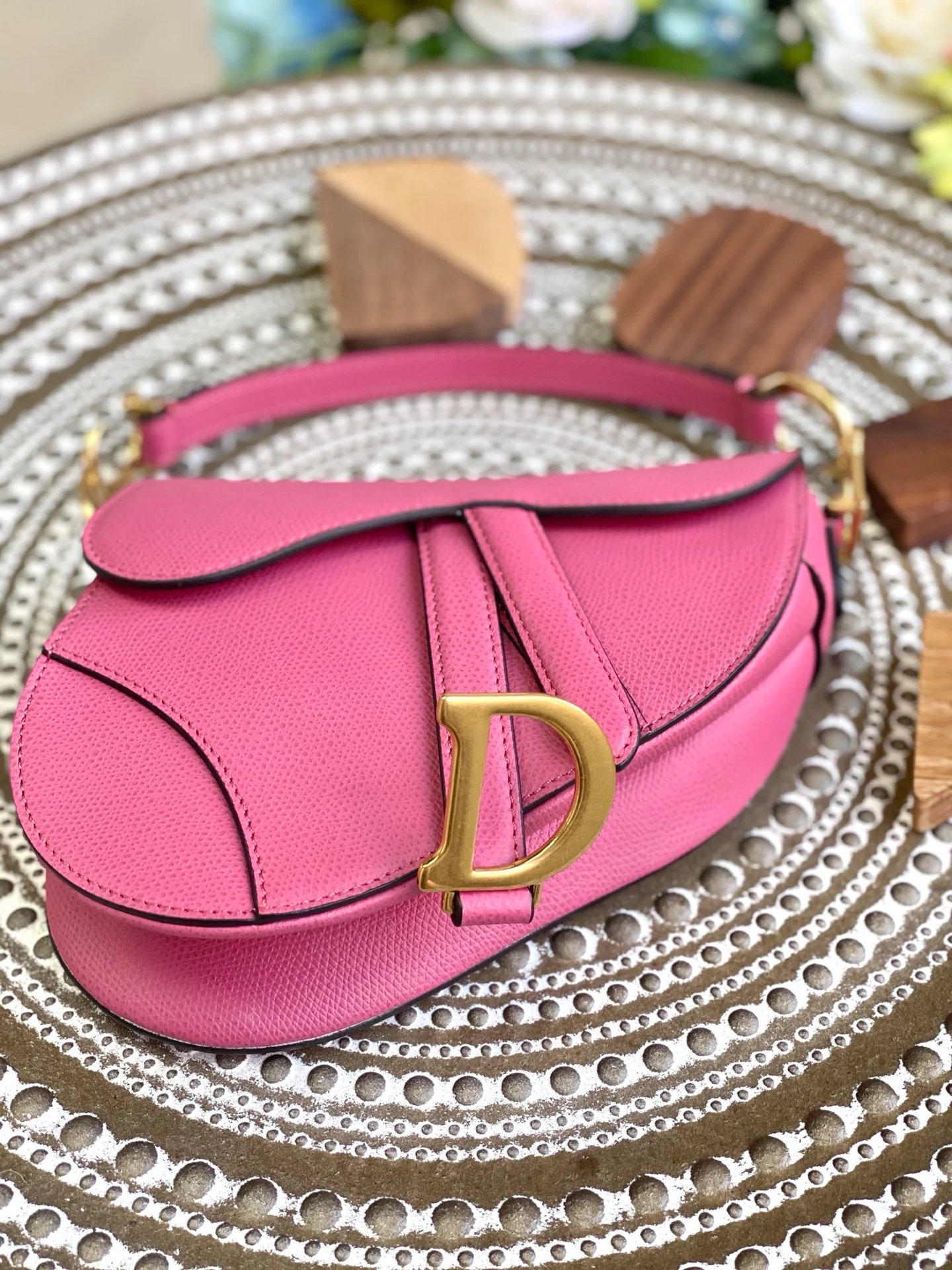 Сумка Dior Saddle Bag - с принтом пальм - маленькая, розовая - 19 см