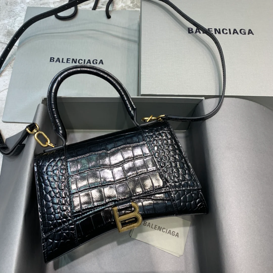 Сумка Balenciaga Hourglass - Черная с крокодиловым рисунком - Золотая фурнитура