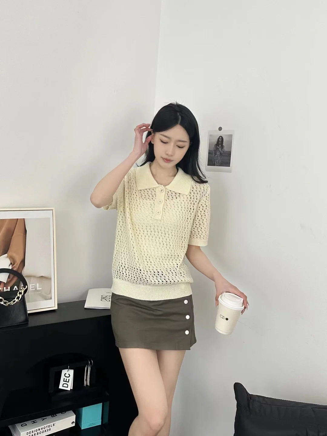 Dior 2403 - Ажурный вязаный свитер без воротника с короткими рукавами - Абрикосовый