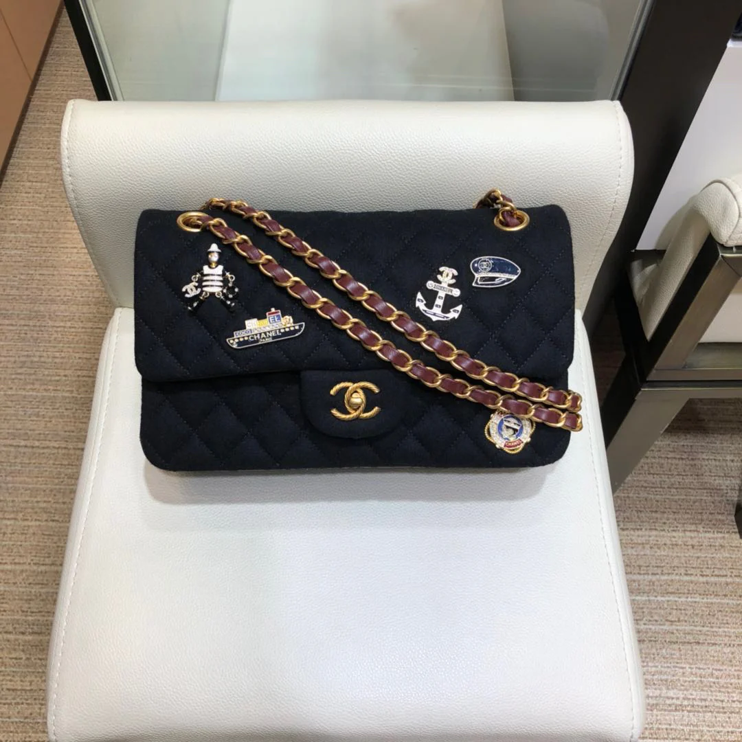 Chanel - Значок с морской тематикой - Сумка CF - Черная - 25 см
