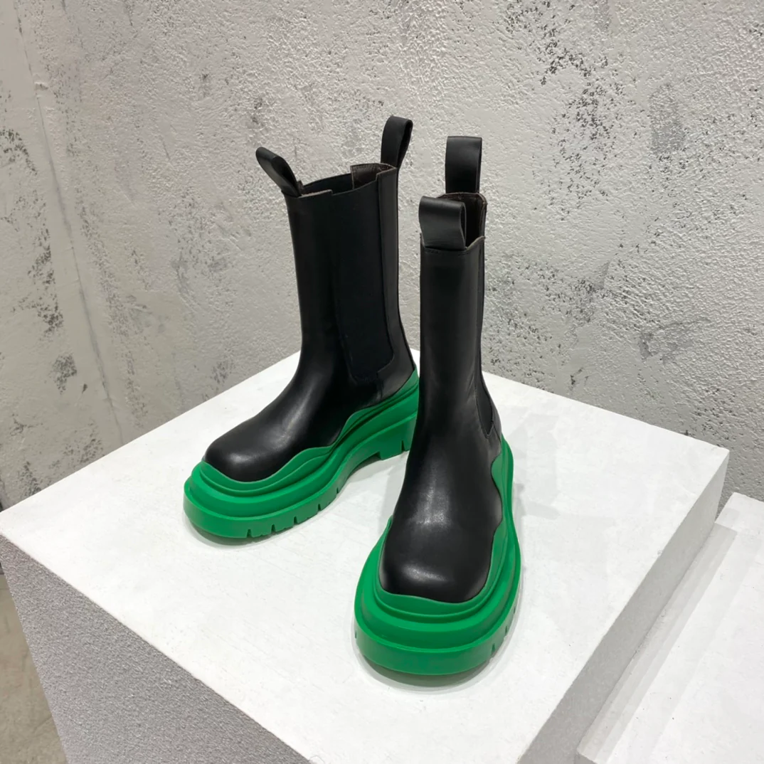 BV-22ss - Британские ретро-сапоги до середины икры - Унисекс - Черные с зеленой подошвой - 1