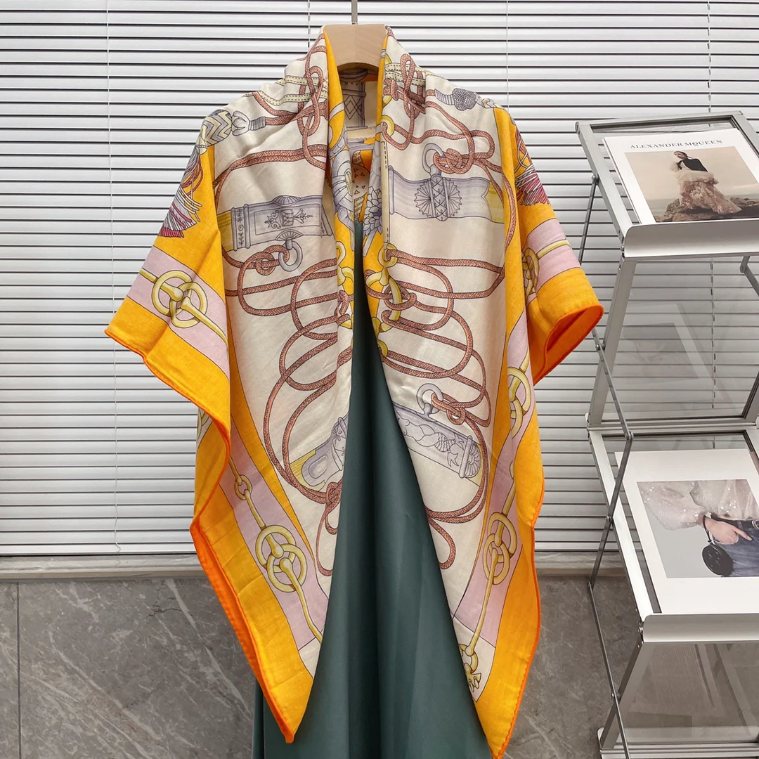 Большой двусторонний шарф Hermes - 136 см - 30 см - Шелк 70 - Шерсть