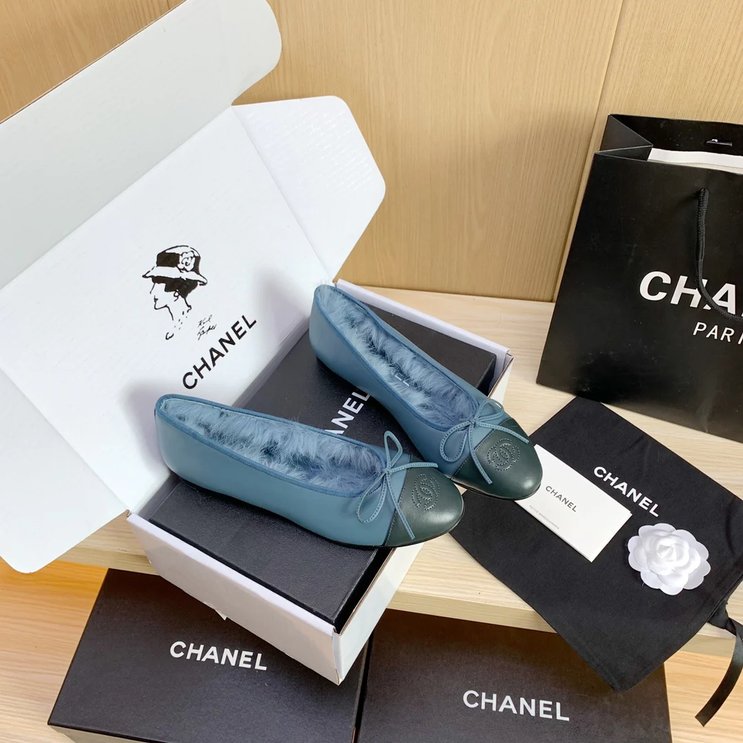 Chanel - Классические балетки - Вариант с кроличьим мехом - Синие