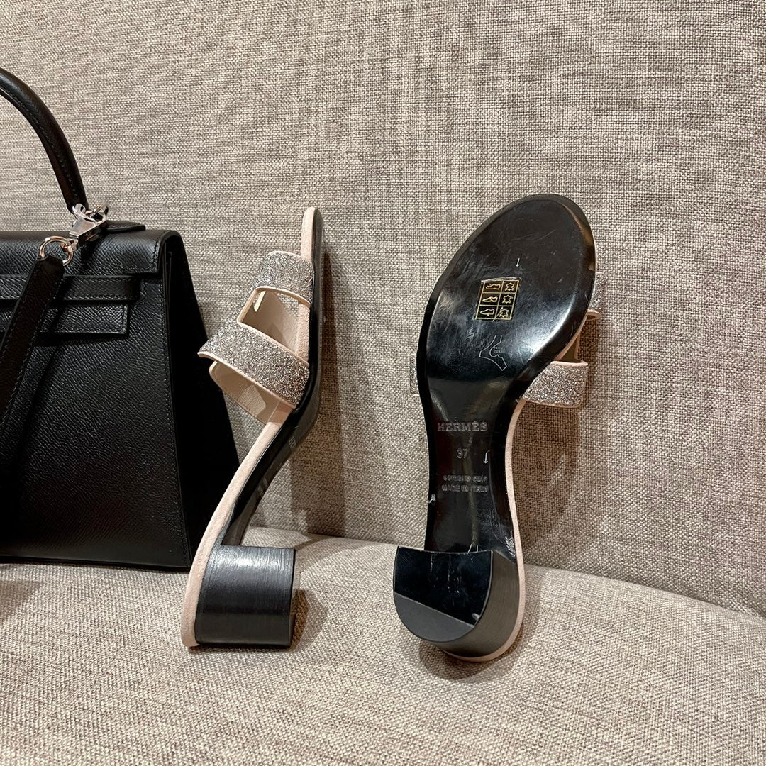 Босоножки Hermes-H на среднем каблуке с бриллиантовой гравировкой-4