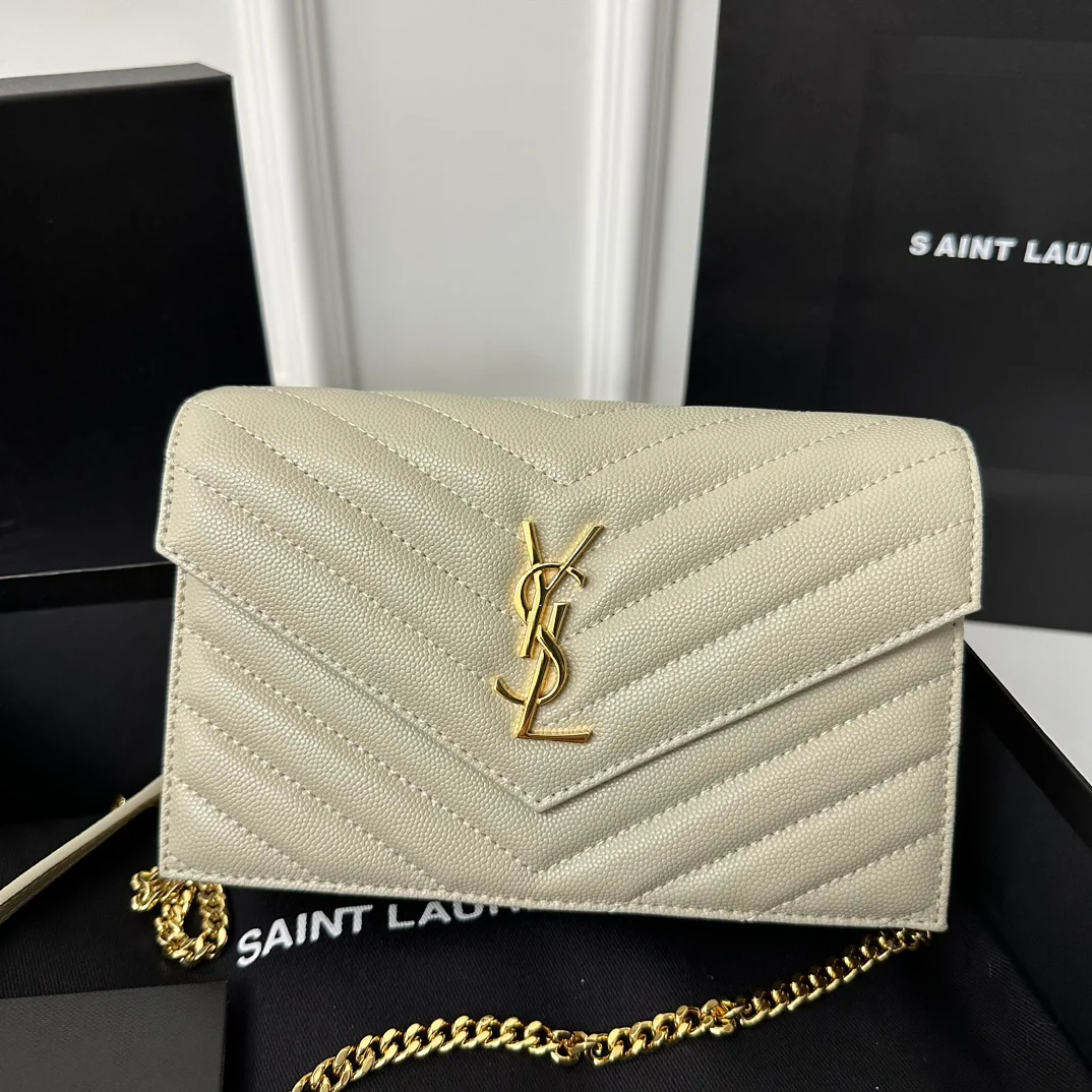 YSL монограмма Caviar WOC - белый с золотой фурнитурой - 19 см