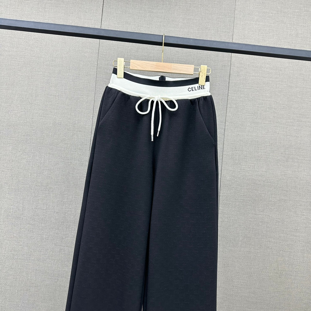 Удобные широкие брюки Celine 2403 с вышитым логотипом и шнуровкой — черные.