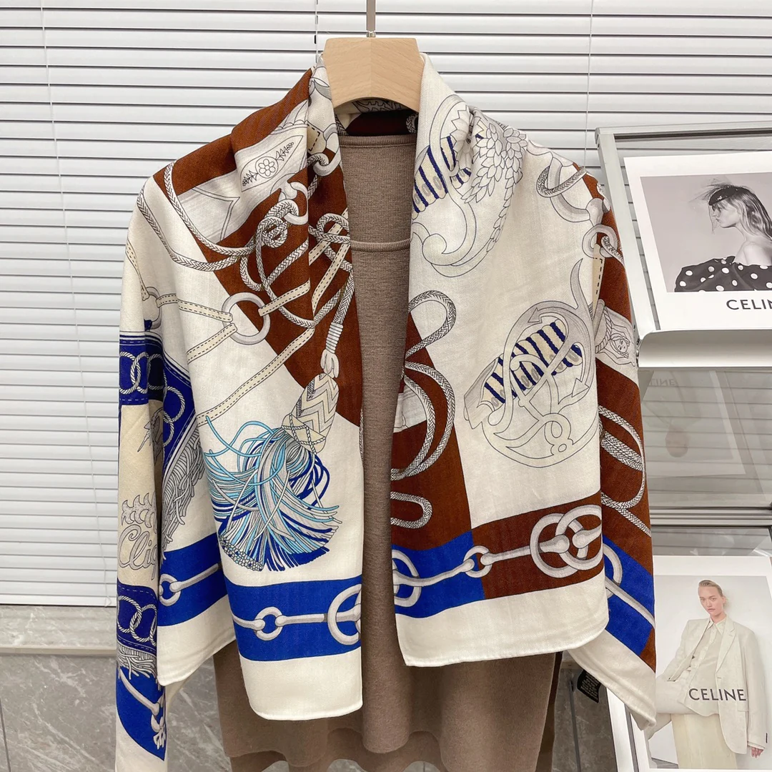 Большой двусторонний шарф Hermes - 136 см - 30 - Шелк 70 - Шерсть - 1