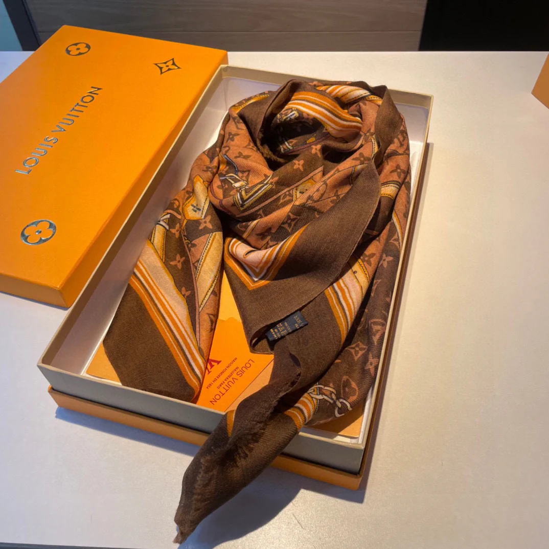 Шарф с монограммой LV, 110-200 см, 100% высококачественный кашемир, коричневый.