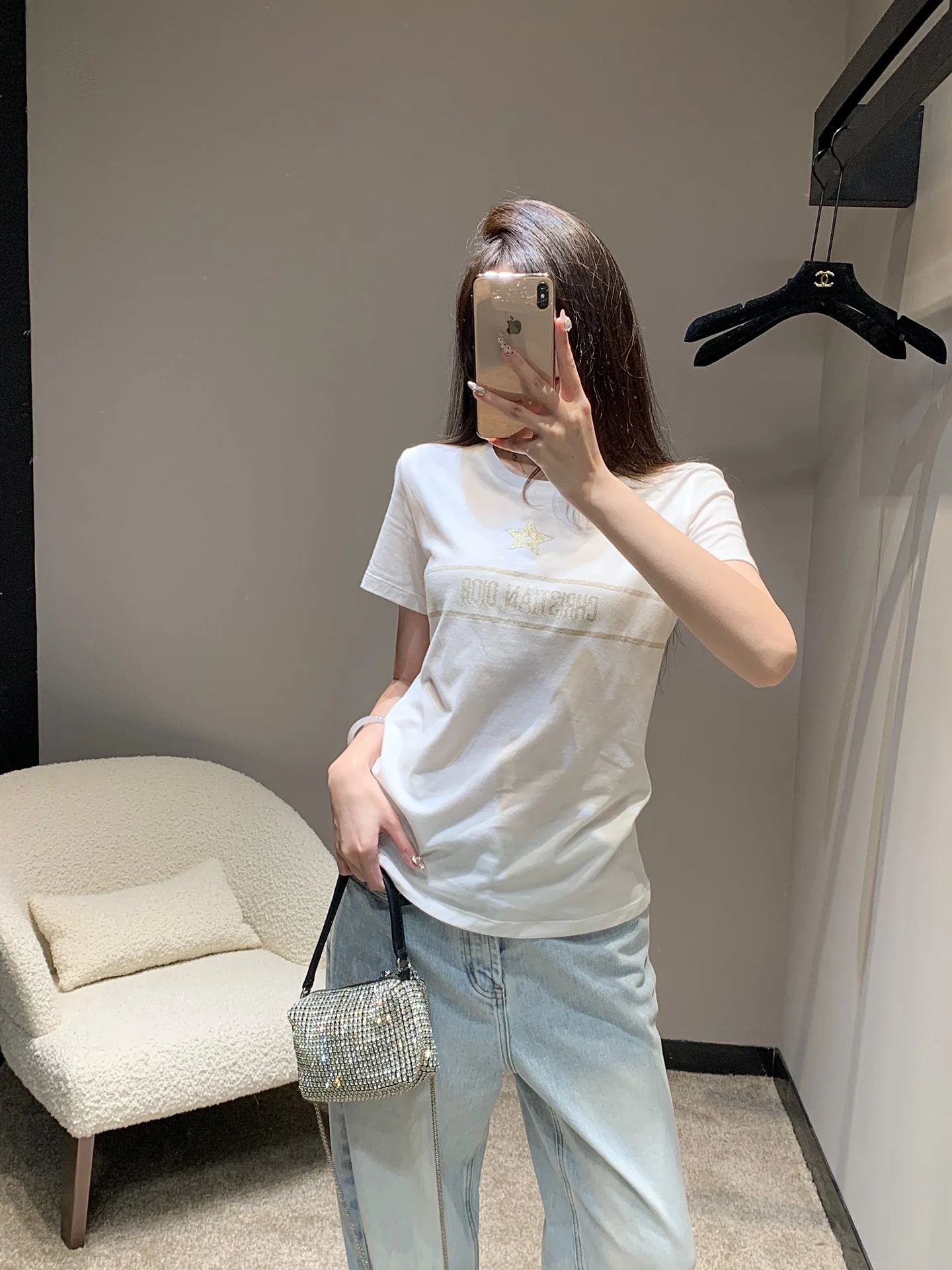 Футболка Dior 2403 с коротким рукавом и вышивкой в ??виде пятиконечной звезды золотой нитью