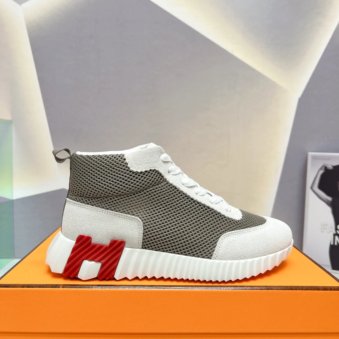 Новинка сезона весна/лето 2023 от Hermes - Дышащие сетчатые высокие повседневные кроссовки - Унисекс - Белый/Серый