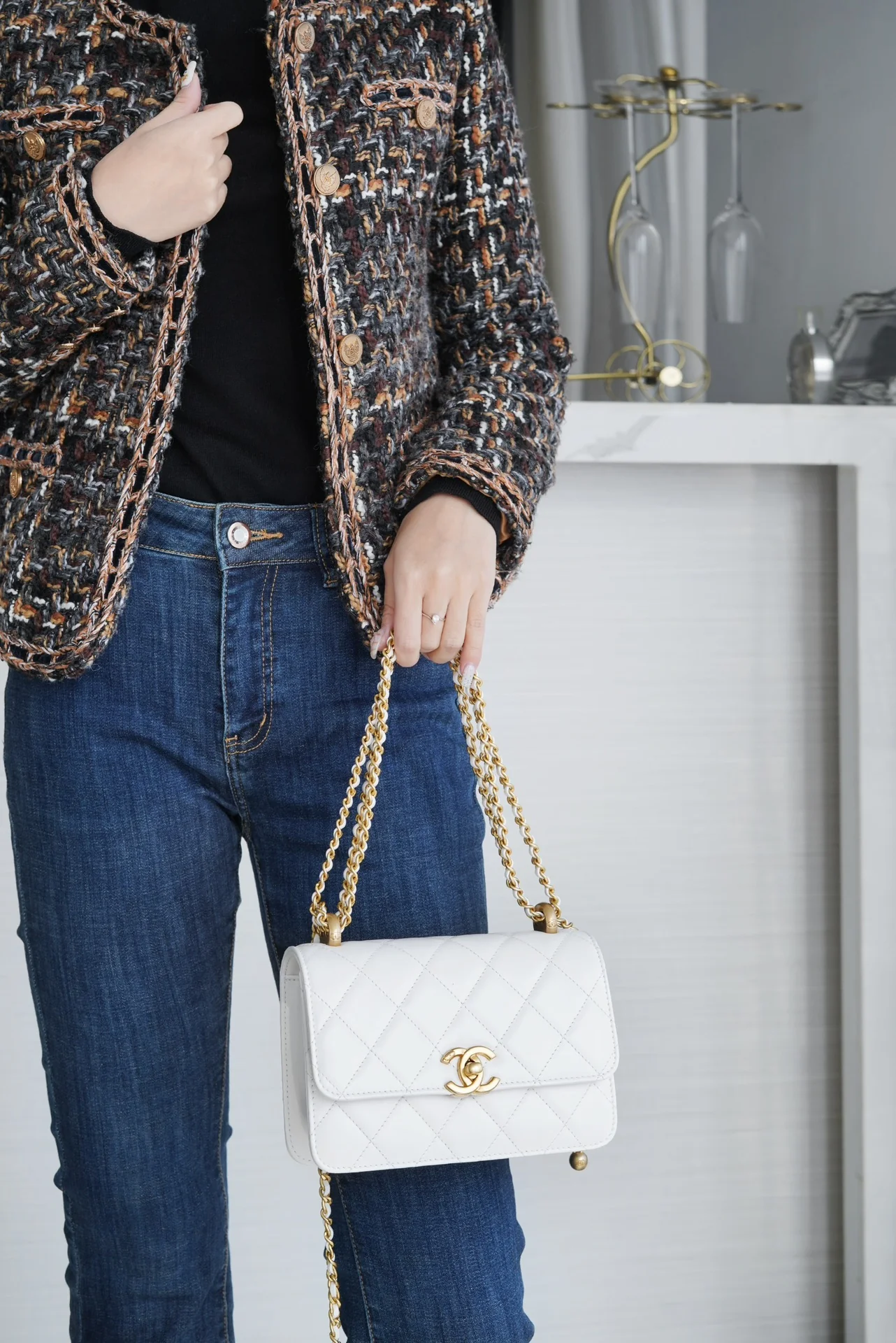 Chanel 24c Double Gold Ball CF Mini 19 White