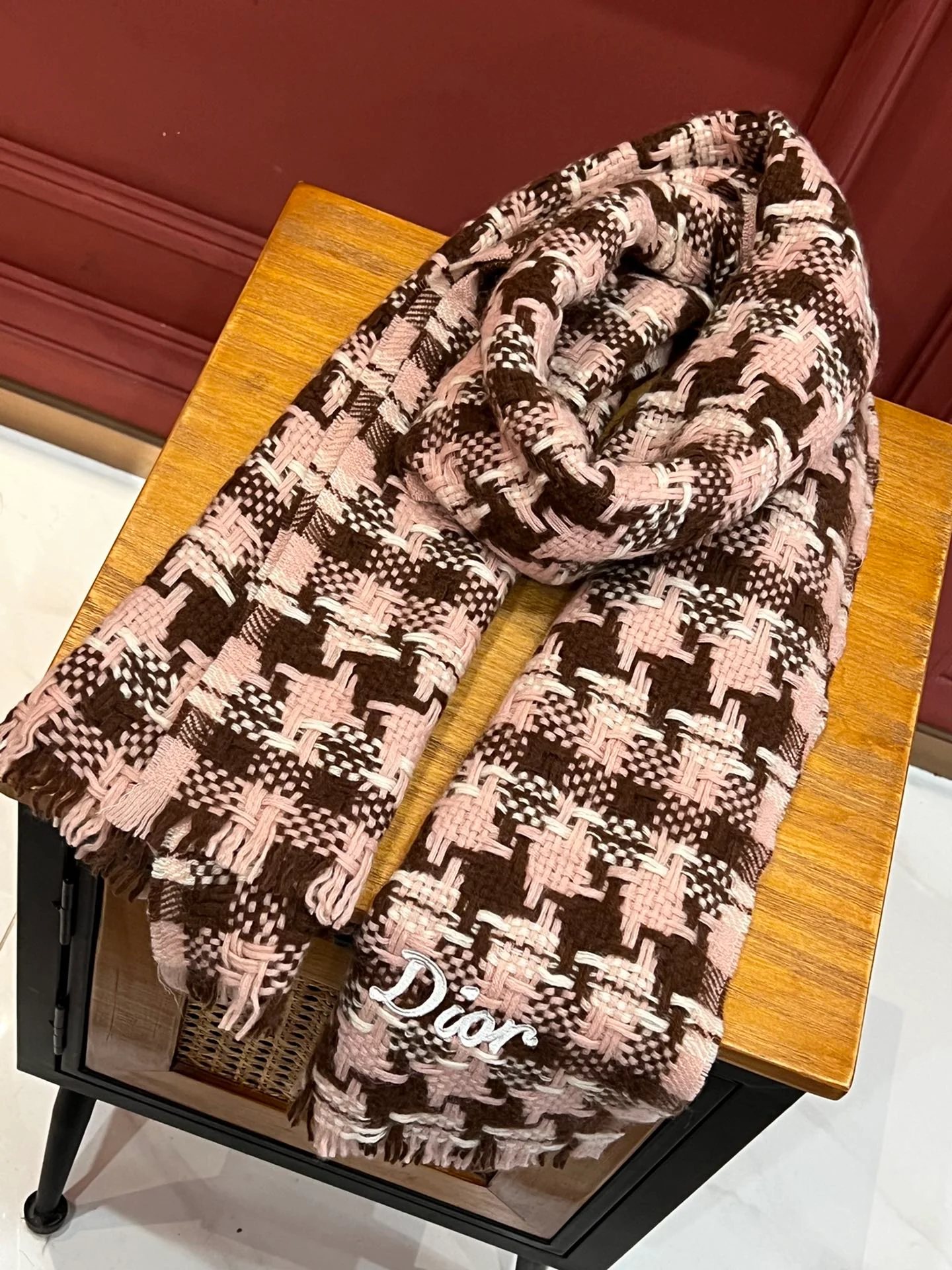 Кашемировый шарф Dior в клетку ?гусиная лапка? - 45 см - 186 см - розовый