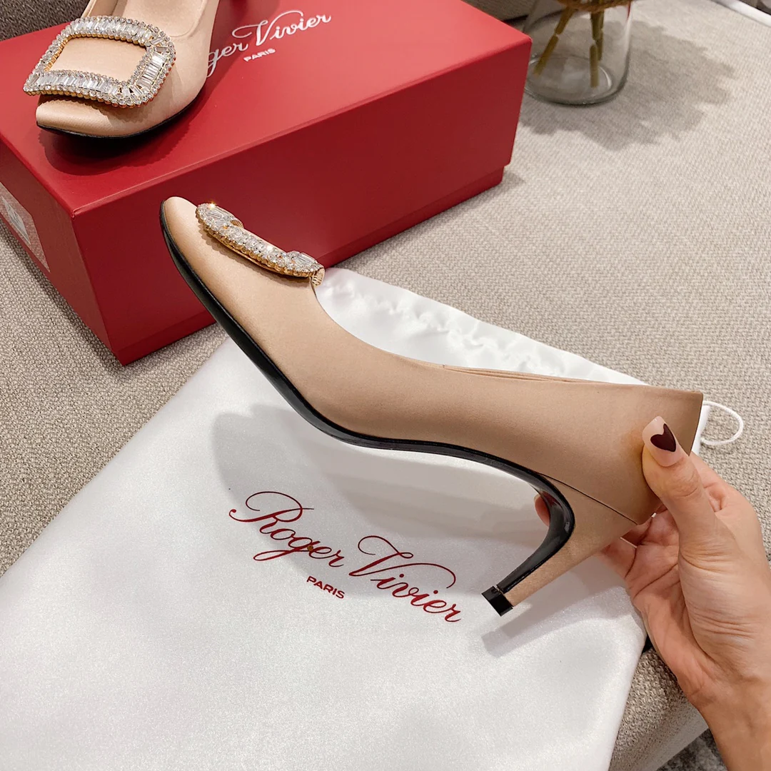 Каблук-банан RV-7-5 см - Шелковая пряжка со стразами - Розовый абрикосовый