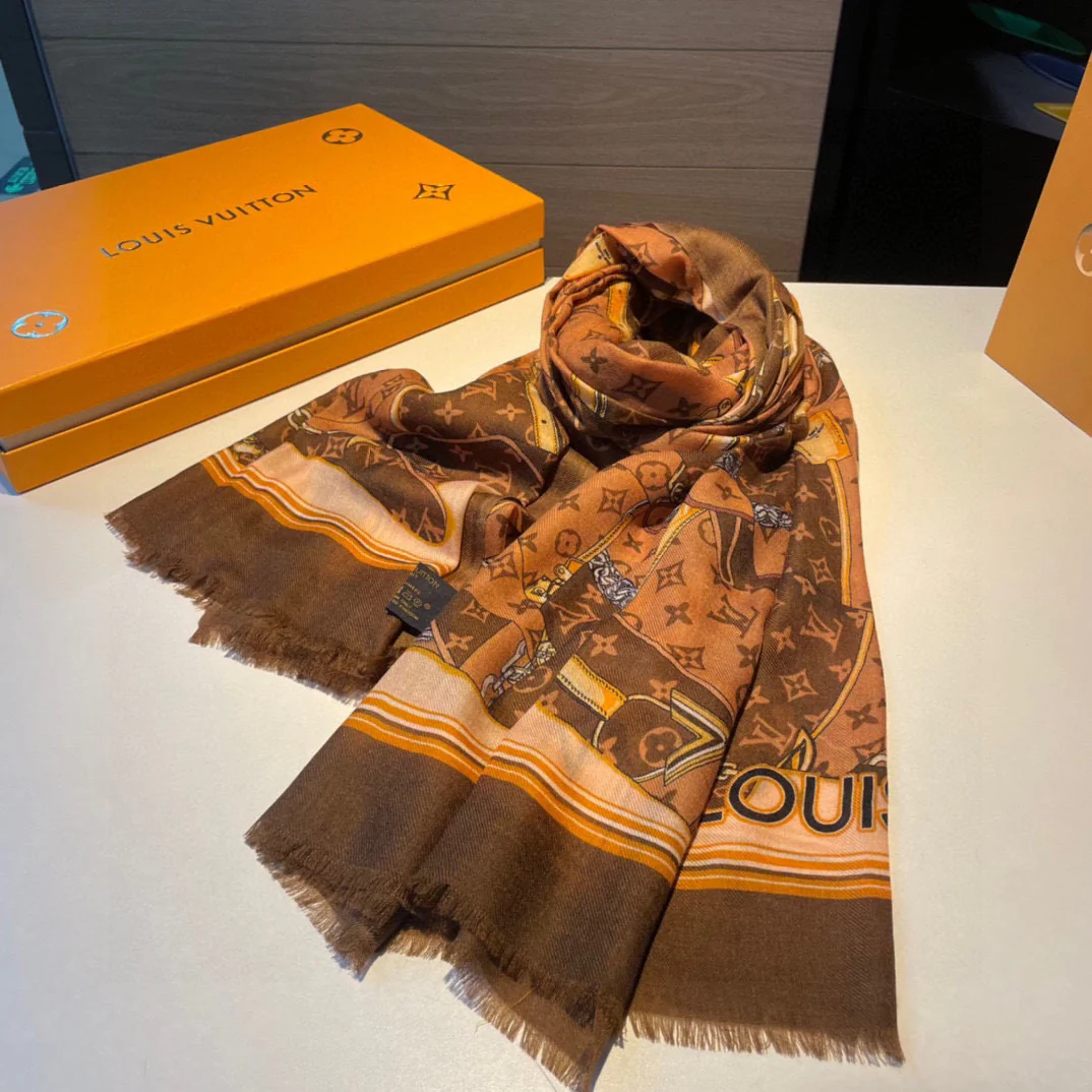 Шарф с монограммой LV, 110-200 см, 100% высококачественный кашемир, коричневый.