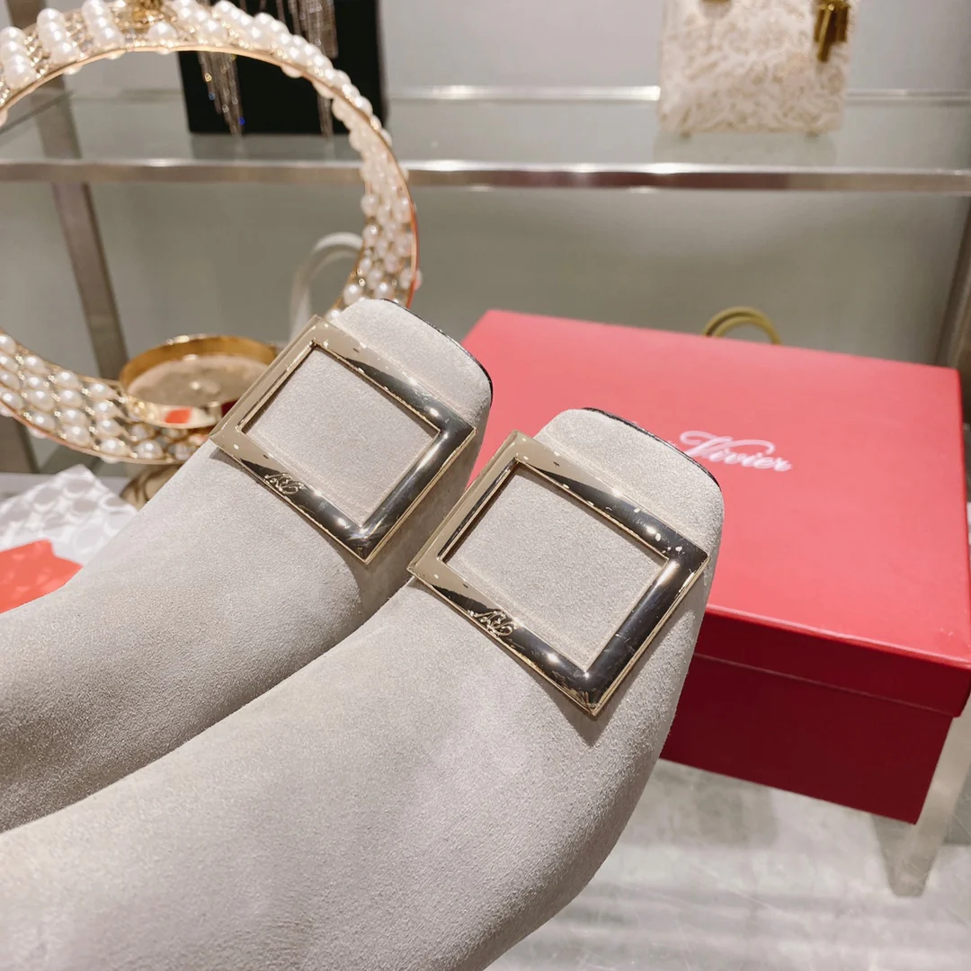 Обувь RV - Новинка осени 2022 - Металлические ботильоны с квадратным носком - Серая замша