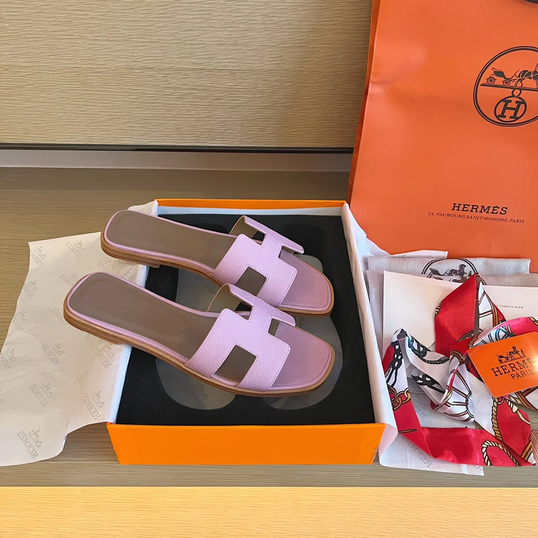 Тапочки Hermes-h на плоской подошве - серия с принтом пальмовых листьев - 1