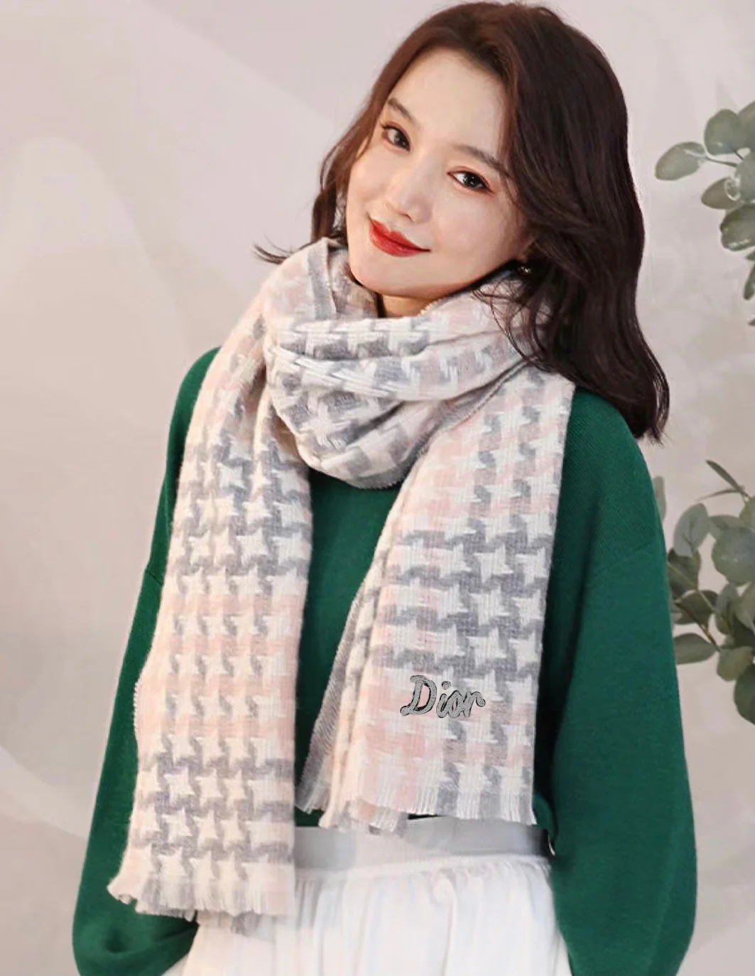 Кашемировый шарф Dior в клетку ?гусиная лапка? - 45 см - 186 см - бежевый