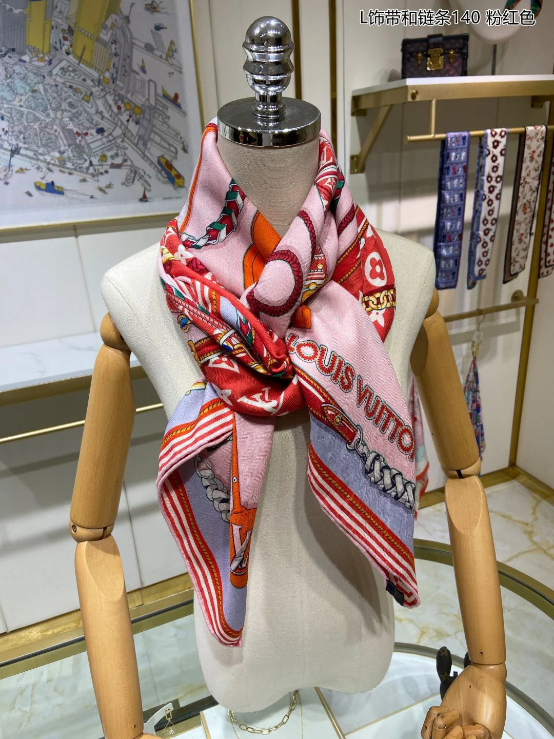 Hermes - Квадратный шарф с лентой и цепочкой - 140 см - 70% кашемир - 30% шелк