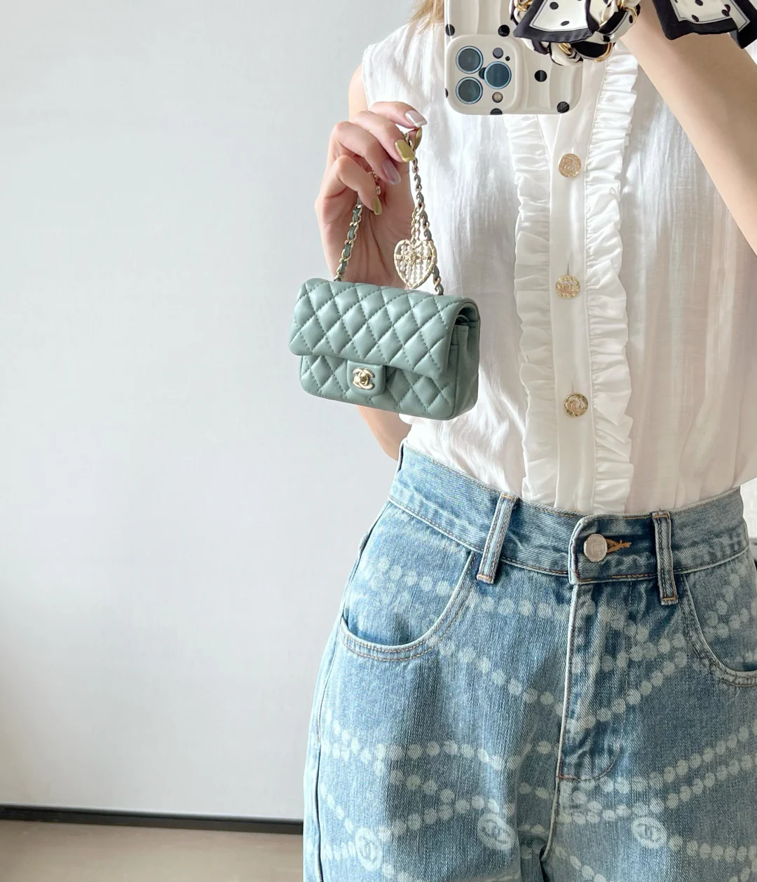 Подвеска Chanel 25a (CF) - Серо-голубая мини-версия - Светло-золотистая пряжка