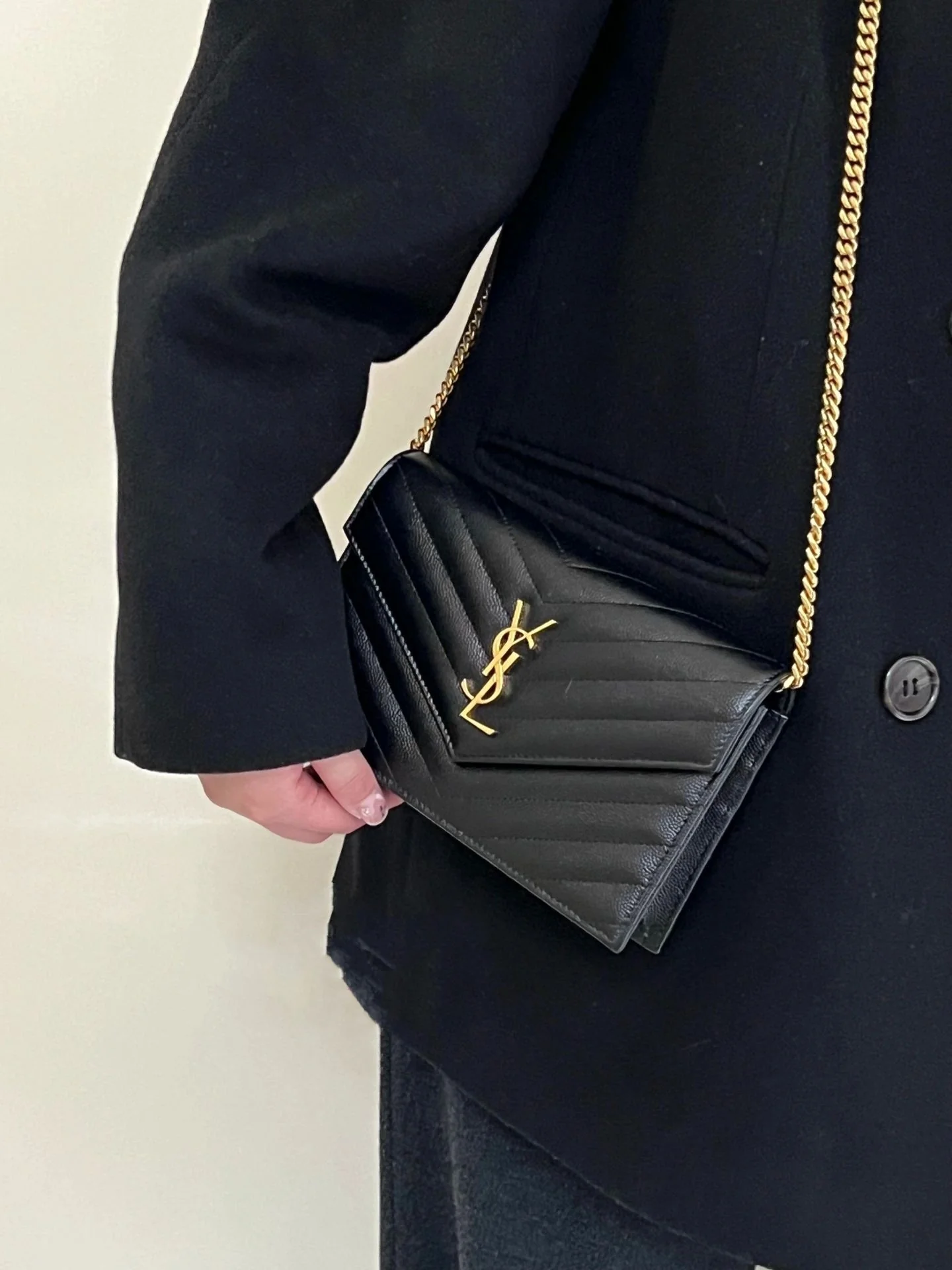 YSL Monogram Caviar WOC Black with Gold Buckle 19cm