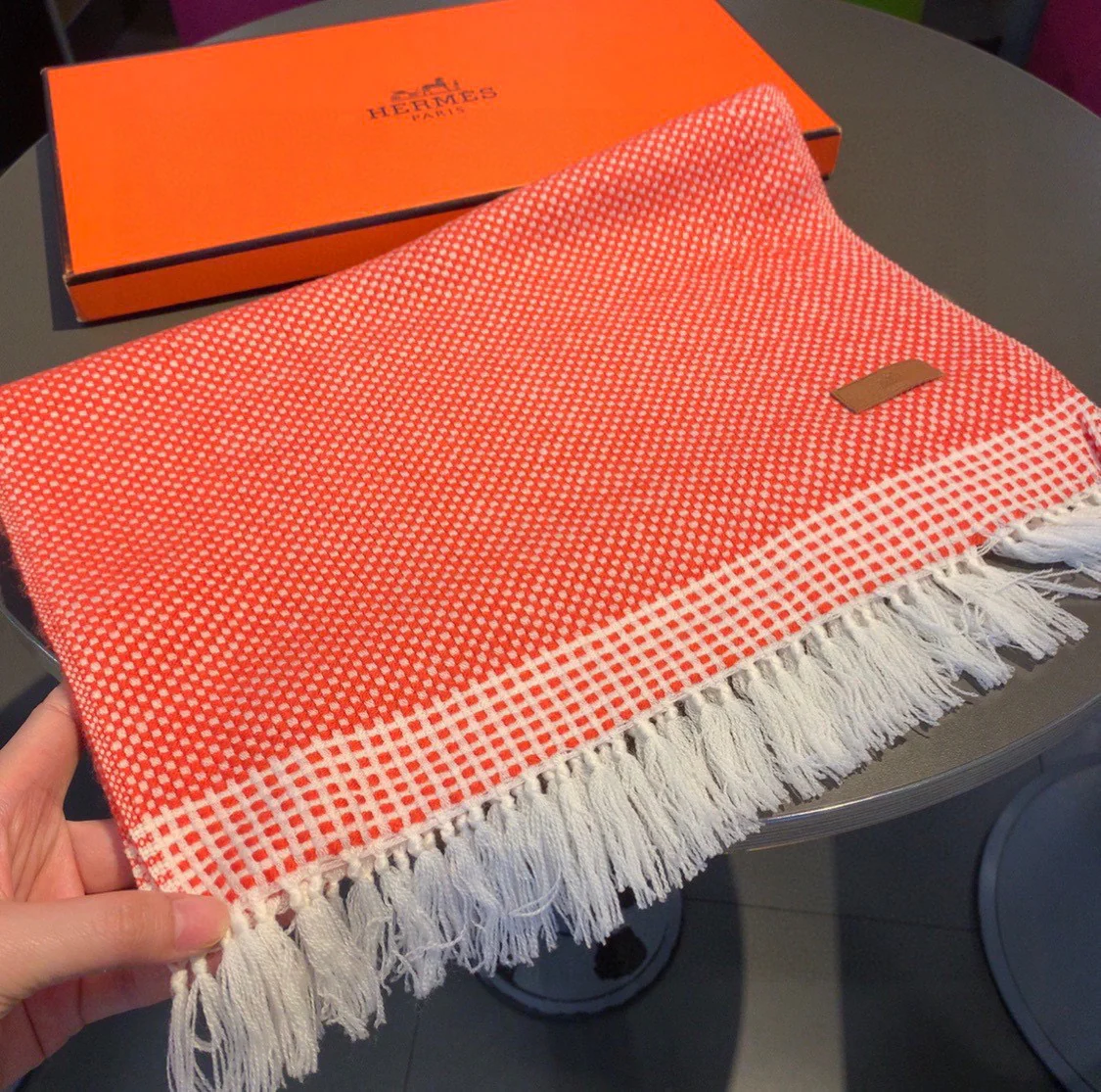 Вязаный кашемировый шарф Hermes ручной работы - 40 см - 195 см - оранжево-красный