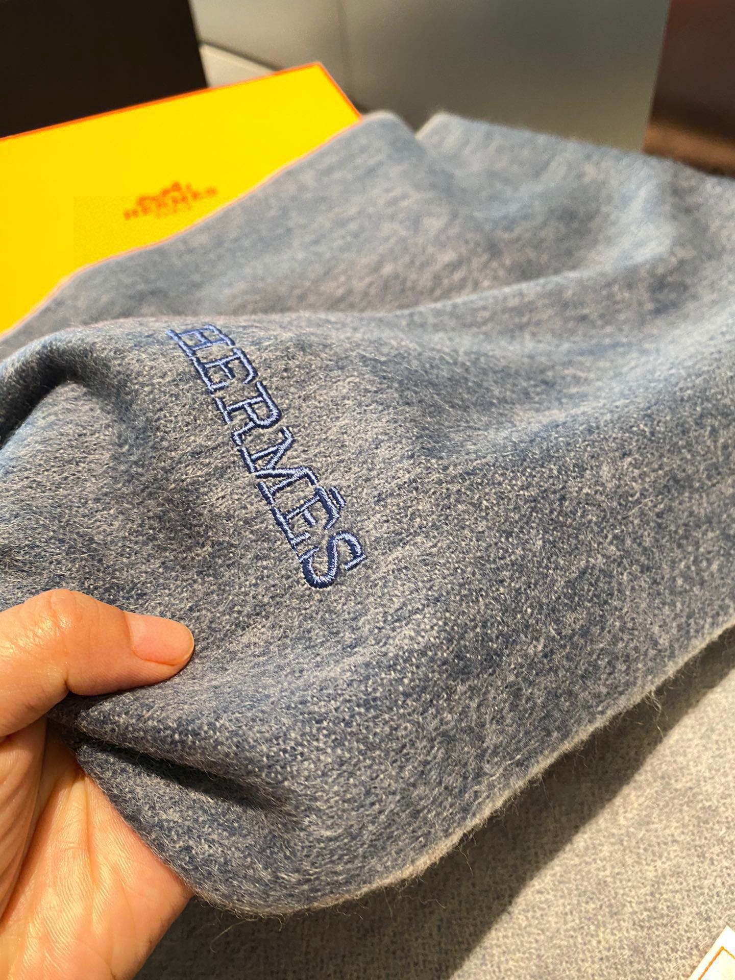 Двусторонняя кашемировая шаль/шарф Hermes - 210 см - синий