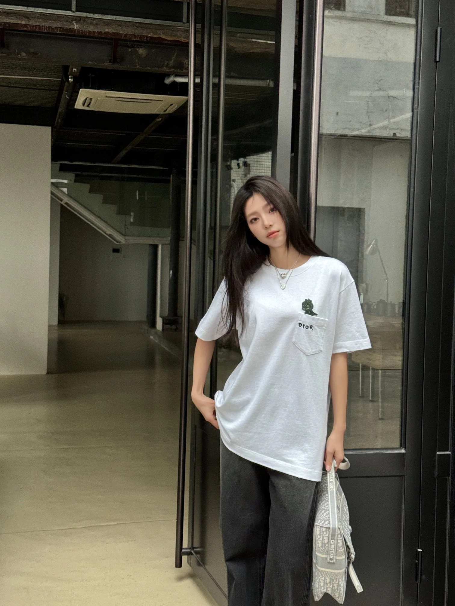 Футболка Dior 2403-24ss с вышитым динозавром на кармане - белая