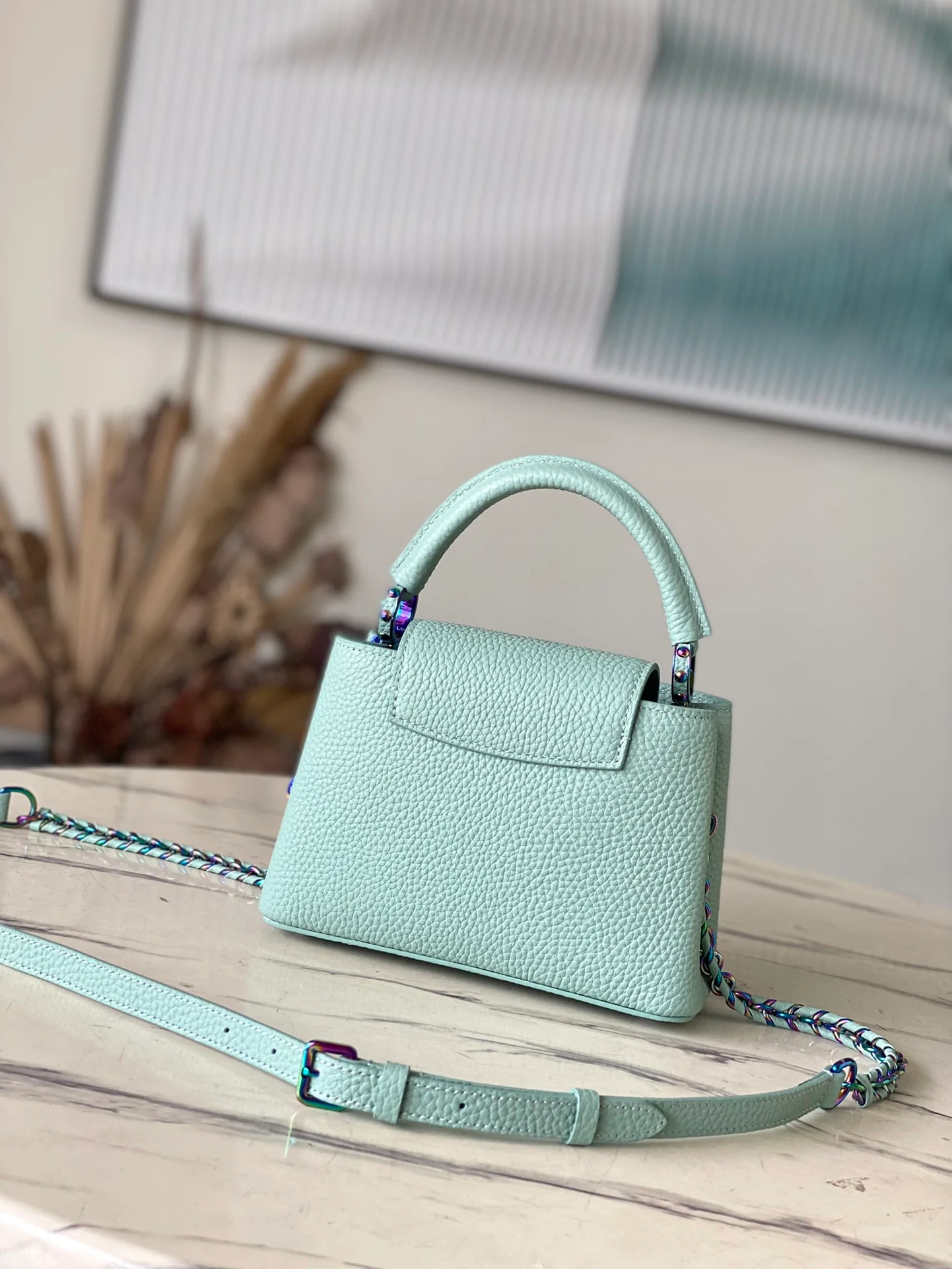 m22606-LV-Taurilon Leather-Capucines Handbag-Light Green with Speckled Gold Purles-Mini