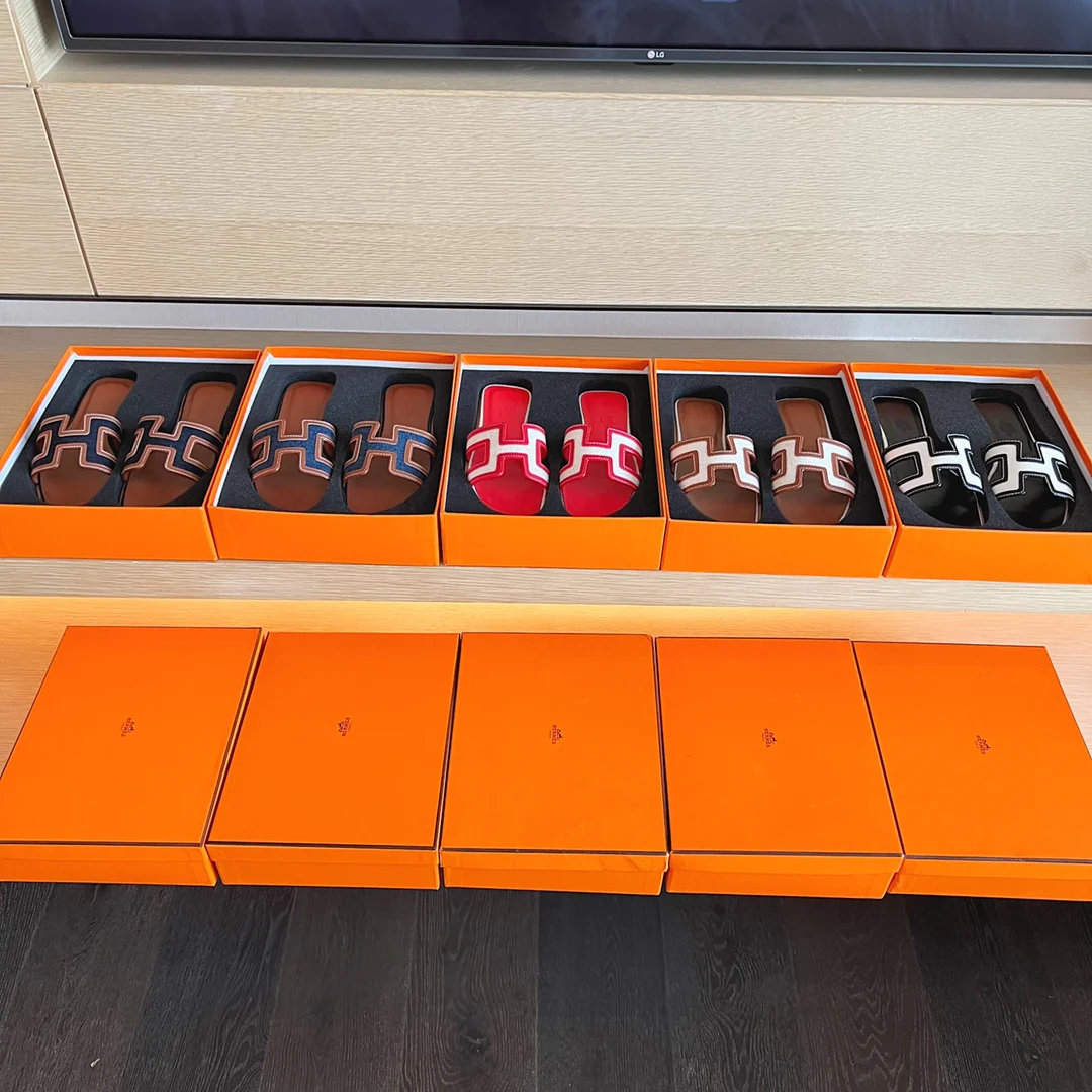 Классические домашние тапочки Hermes с буквой H - верх из парусины и кожи - красные