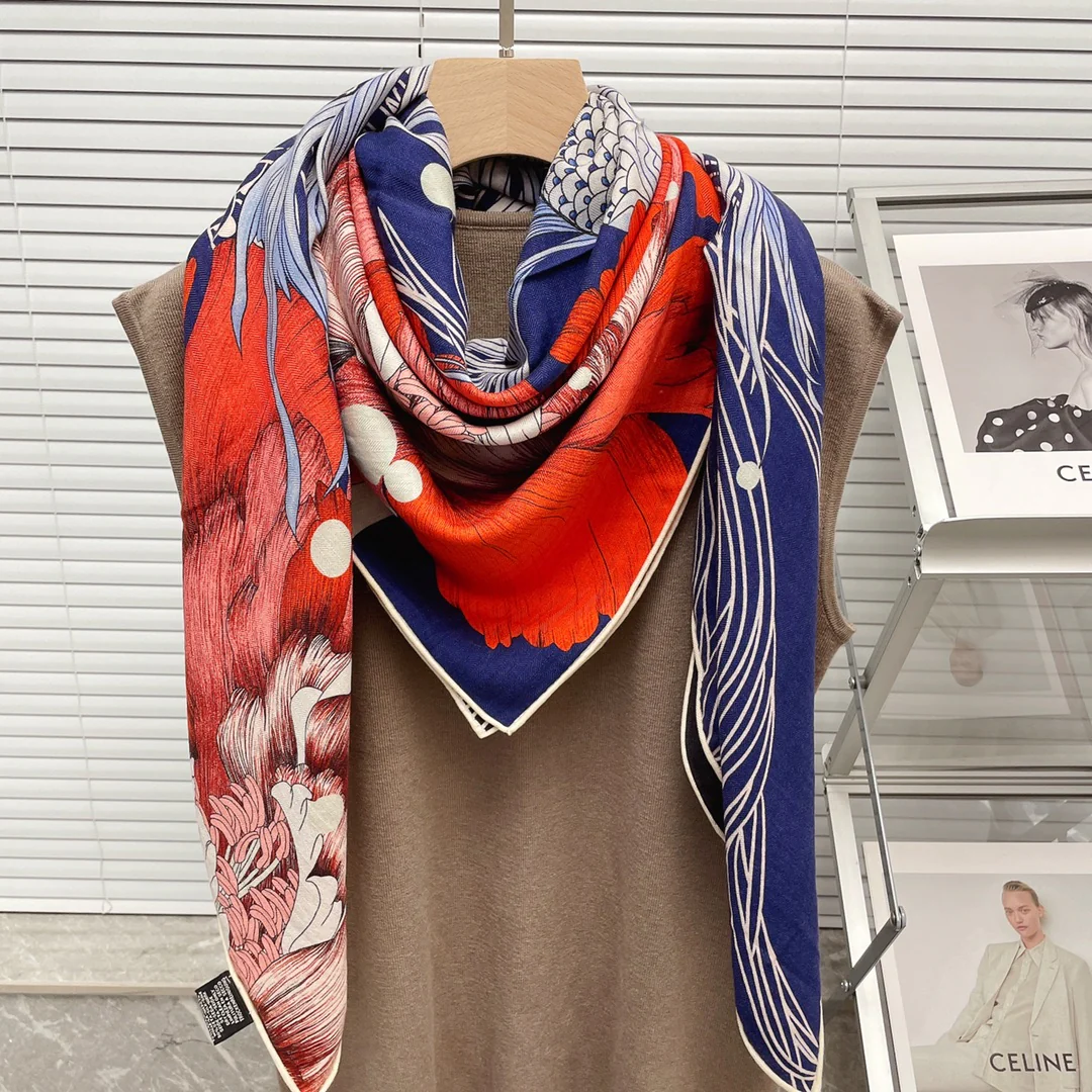 Большой двусторонний шарф Hermes - 136 см - 30 - Шелк 70 - Шерсть - 9