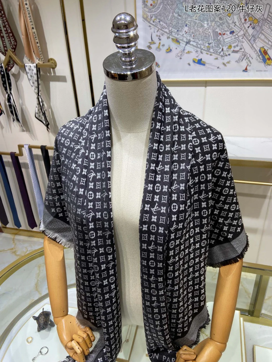 Шарф LV Monogram - 120 см - Шелк и шерсть - Черный