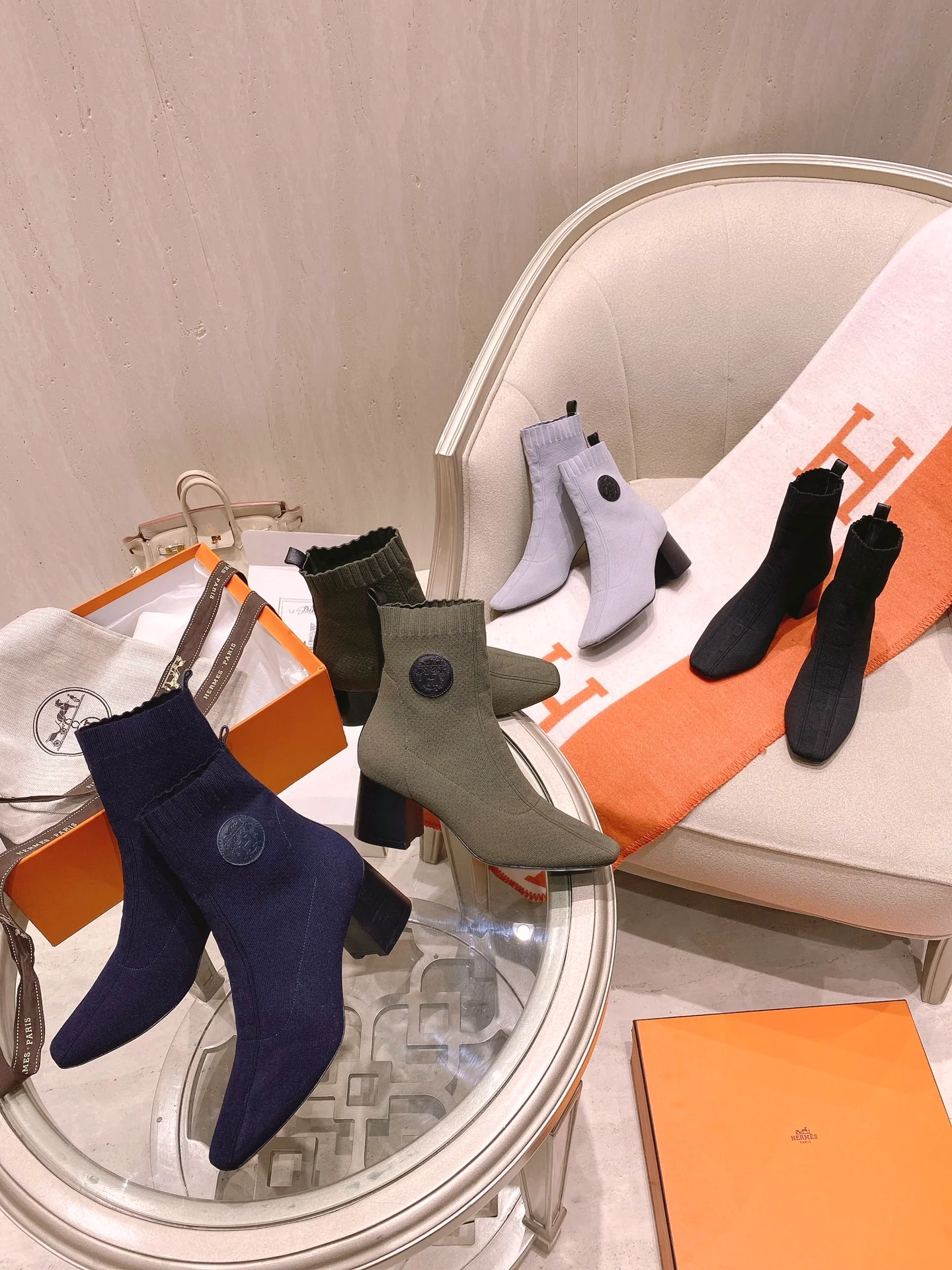 Ботинки-носки Hermes на толстом каблуке - темно-синие