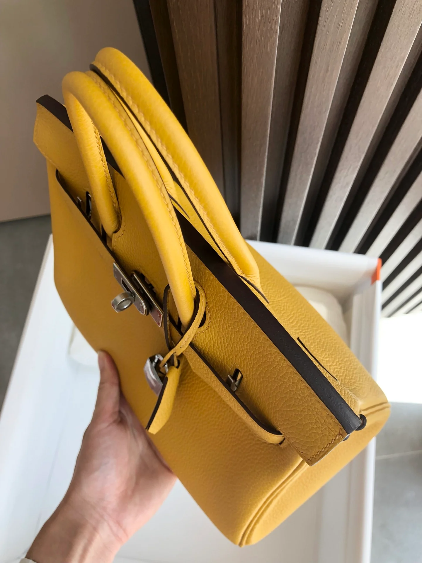Hermes Kelly 25 Togo 9D Янтарно-желтая серебряная пряжка