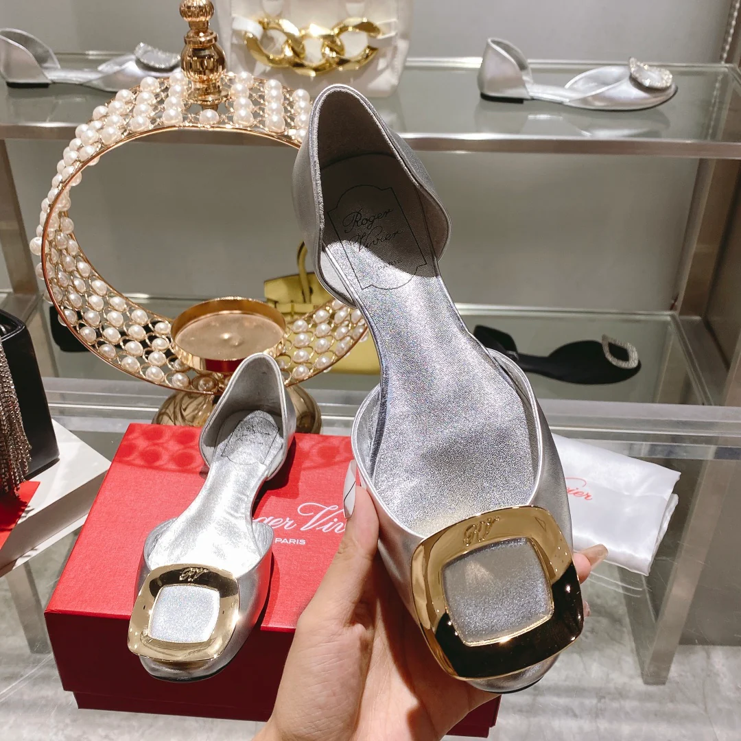 Обувь RV - Новинка весны/лета 2023 - Шелковый атлас с ажурной отделкой - Балетки - Серебристо-золотистый цвет