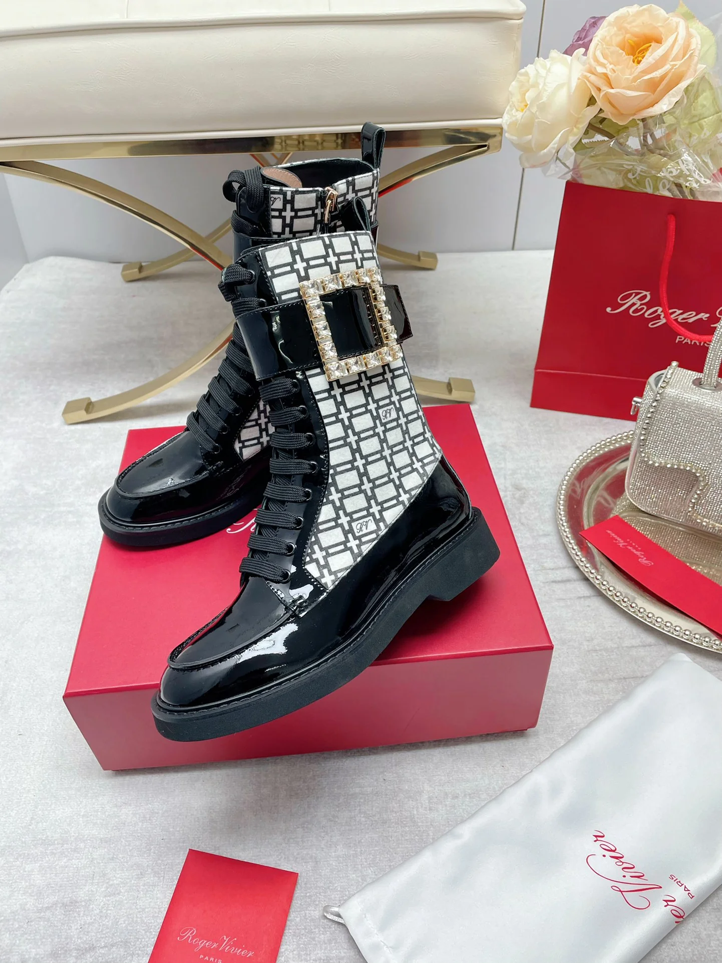 Обувь RV - Новинки весны/лета 2022 - Ботинки до середины икры - Белый клетчатый узор